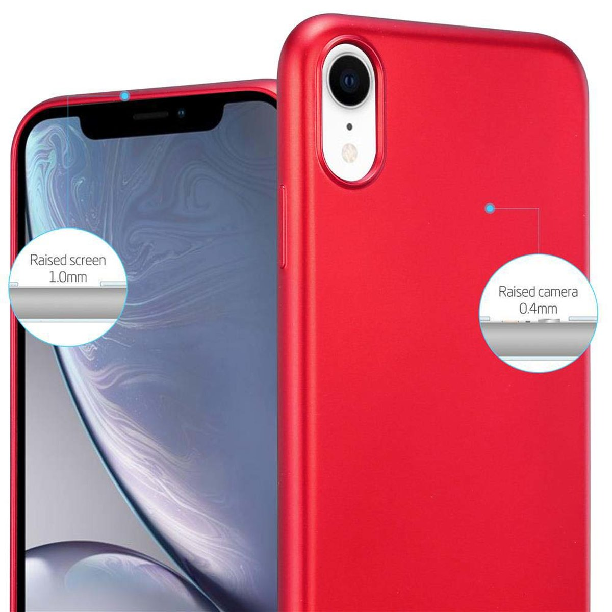 Custodia rossa per telefono. Schermo e fotocamera rialzati. Sfondo bianco.