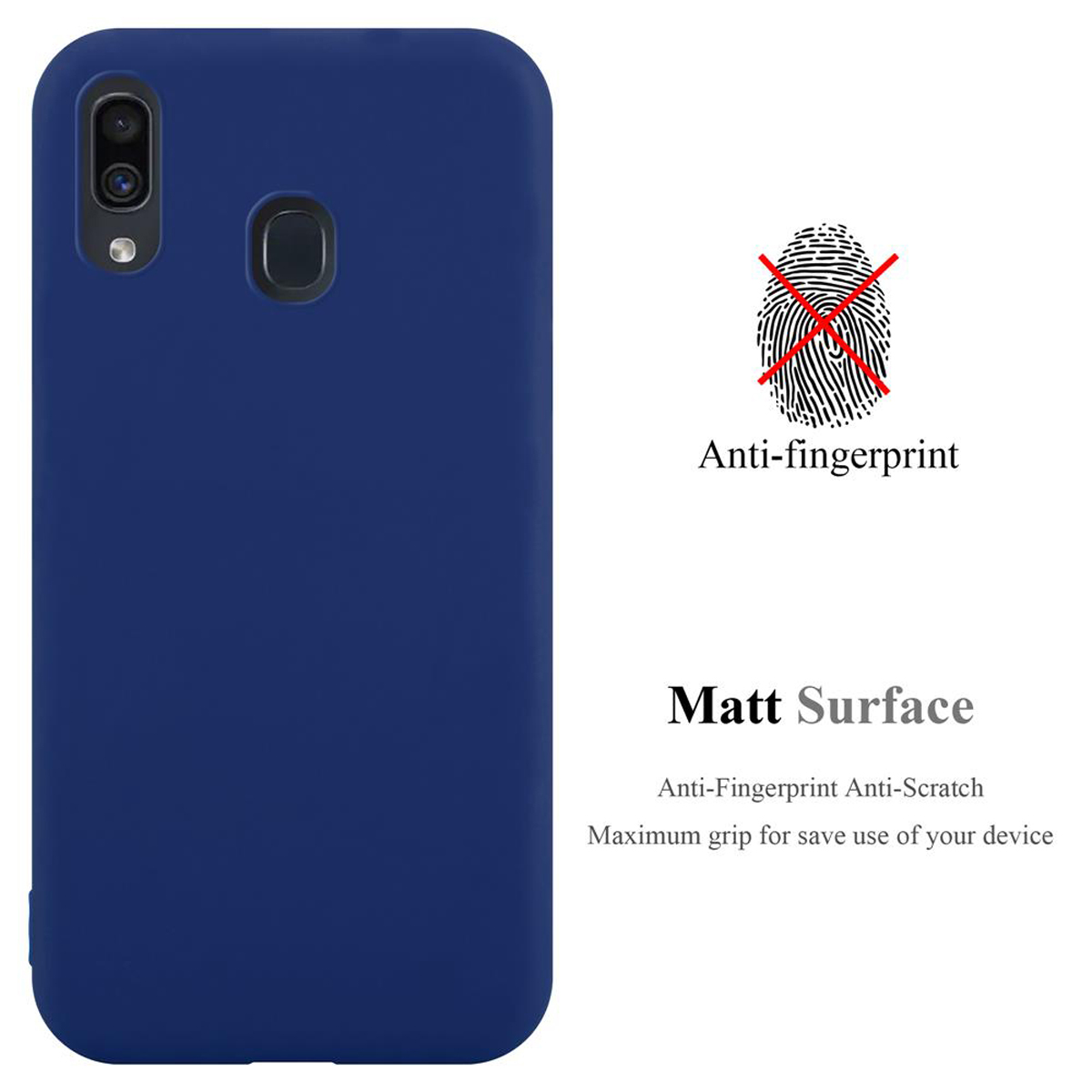 Una custodia per telefono blu con caratteristiche anti-impronta e superficie opaca.
