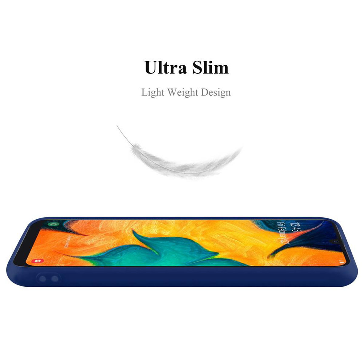 Un telefono blu navy con una grafica di piume è mostrato. Il testo 'Ultra Slim' e 'Light Weight Design' sono presenti.