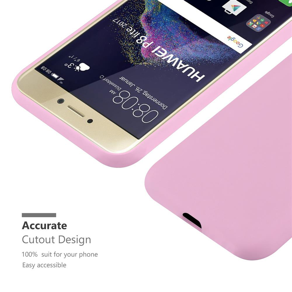 Teléfono rosa en funda rosa. Texto abajo: Diseño de corte preciso. Fácilmente accesible.
