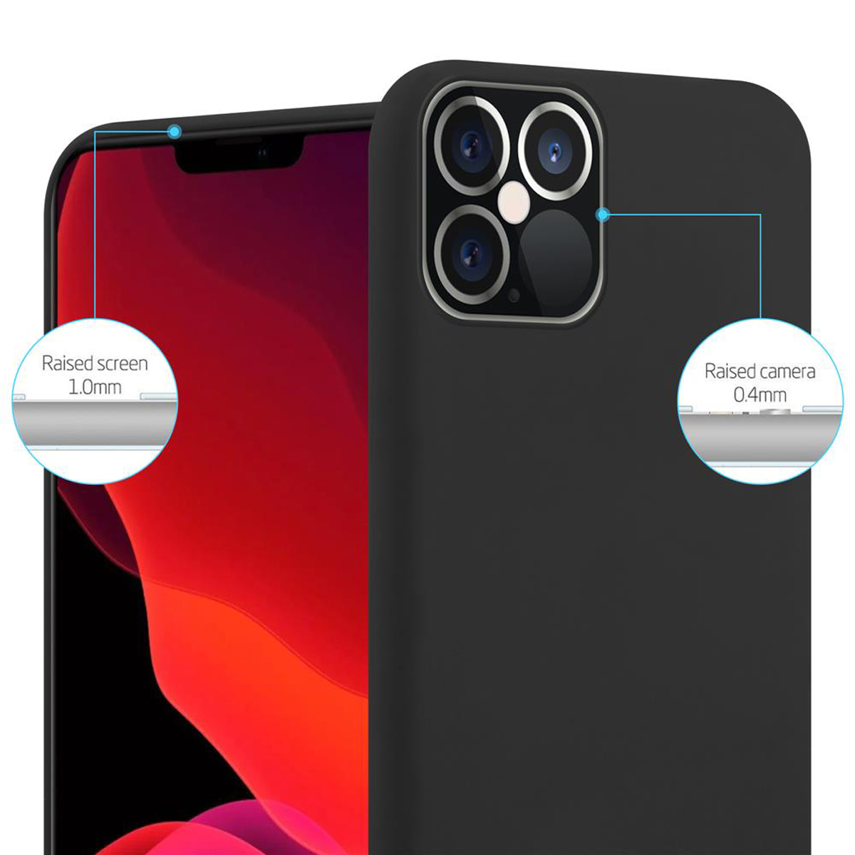 Custodia per telefono nera con protezione schermo e fotocamera rialzata, con etichette di misurazione.