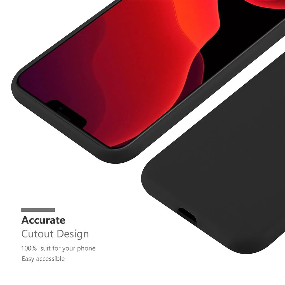 Custodia nera per telefono, vista ritagliata. Il testo dice 'Accurate Cutout Design'. Sfondo nero e rosso.