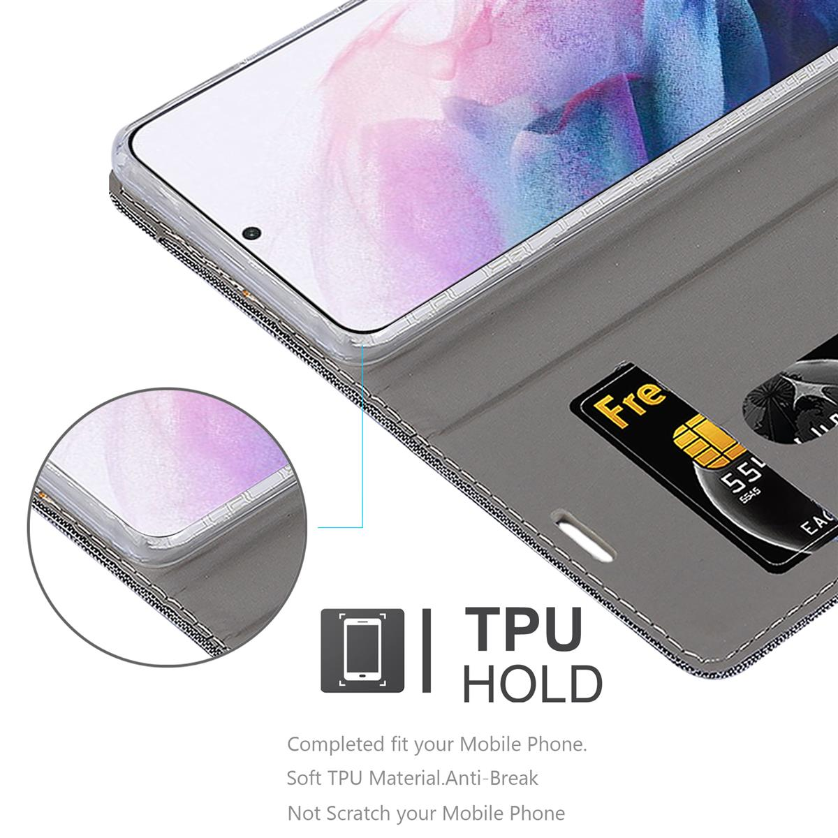 Telefono in una custodia grigia con fessura per carte. Il testo recita 'TPU HOLD' e le caratteristiche della custodia.
