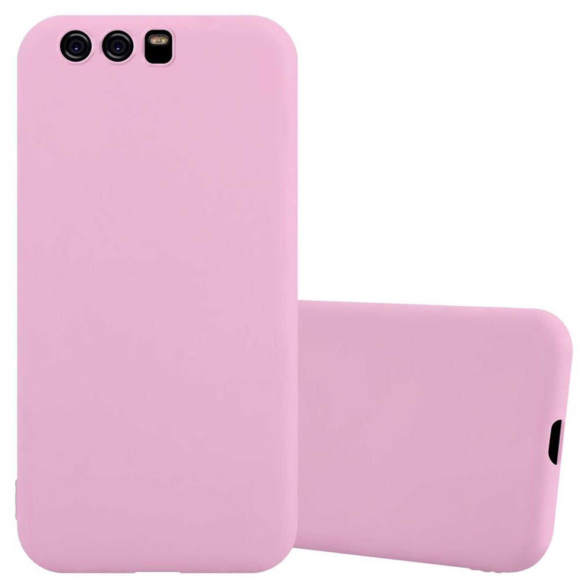 Dos fundas rosas para teléfono. Una está de pie y la otra está plana.
