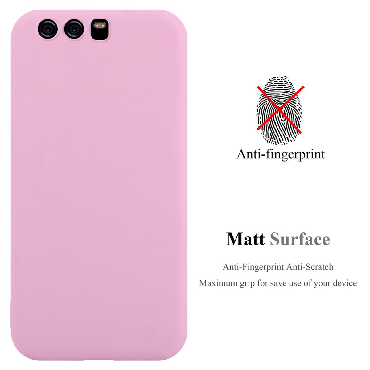 Una funda de teléfono rosa claro. Aparece el texto 'Anti-fingerprint' y 'Matt Surface'.