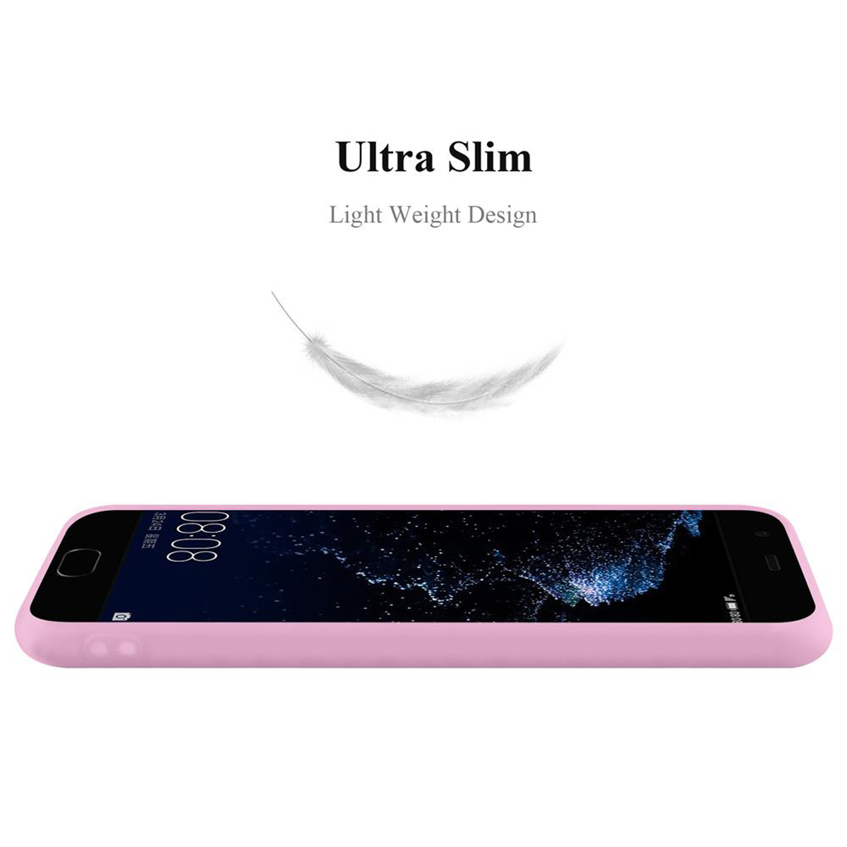 Teléfono con funda rosa. Texto 'Ultra Slim', 'Diseño ligero'. Fondo blanco con pluma.