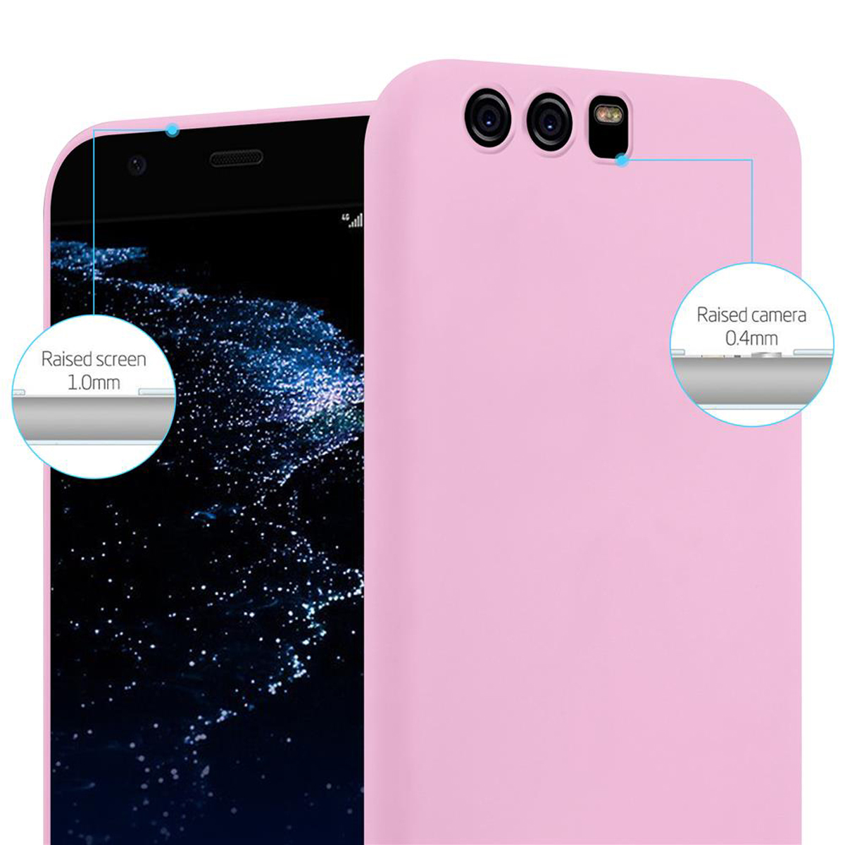 Funda rosa para teléfono con pantalla y cámara elevadas. Texto: Pantalla elevada 1,0 mm, cámara elevada 0,4 mm.