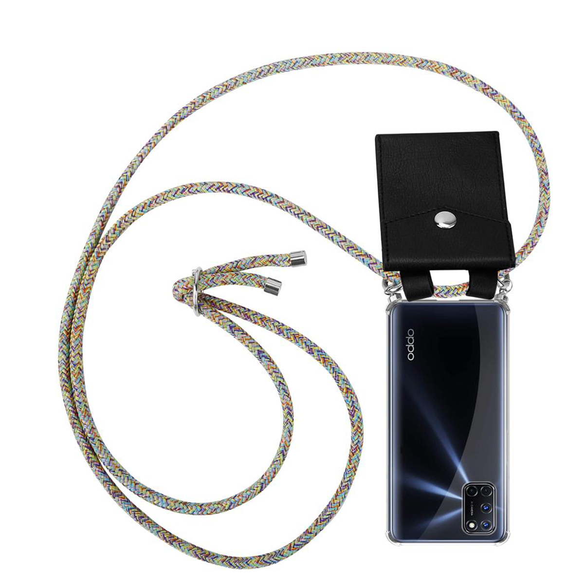 Handyhülle mit buntem Lanyard, schwarzer Hülle und Telefon.