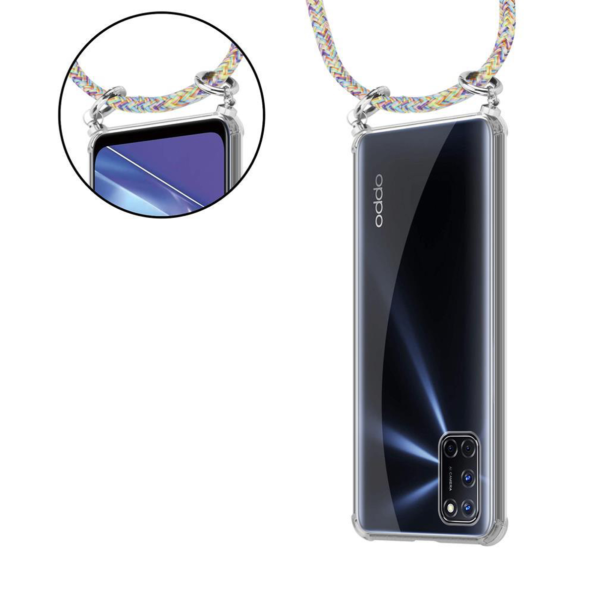 Ein Oppo-Telefon in einer transparenten Hülle mit buntem Gurtband wird gezeigt. Eine Nahaufnahme des Gurtes und der Handyhülle ist zu sehen.
