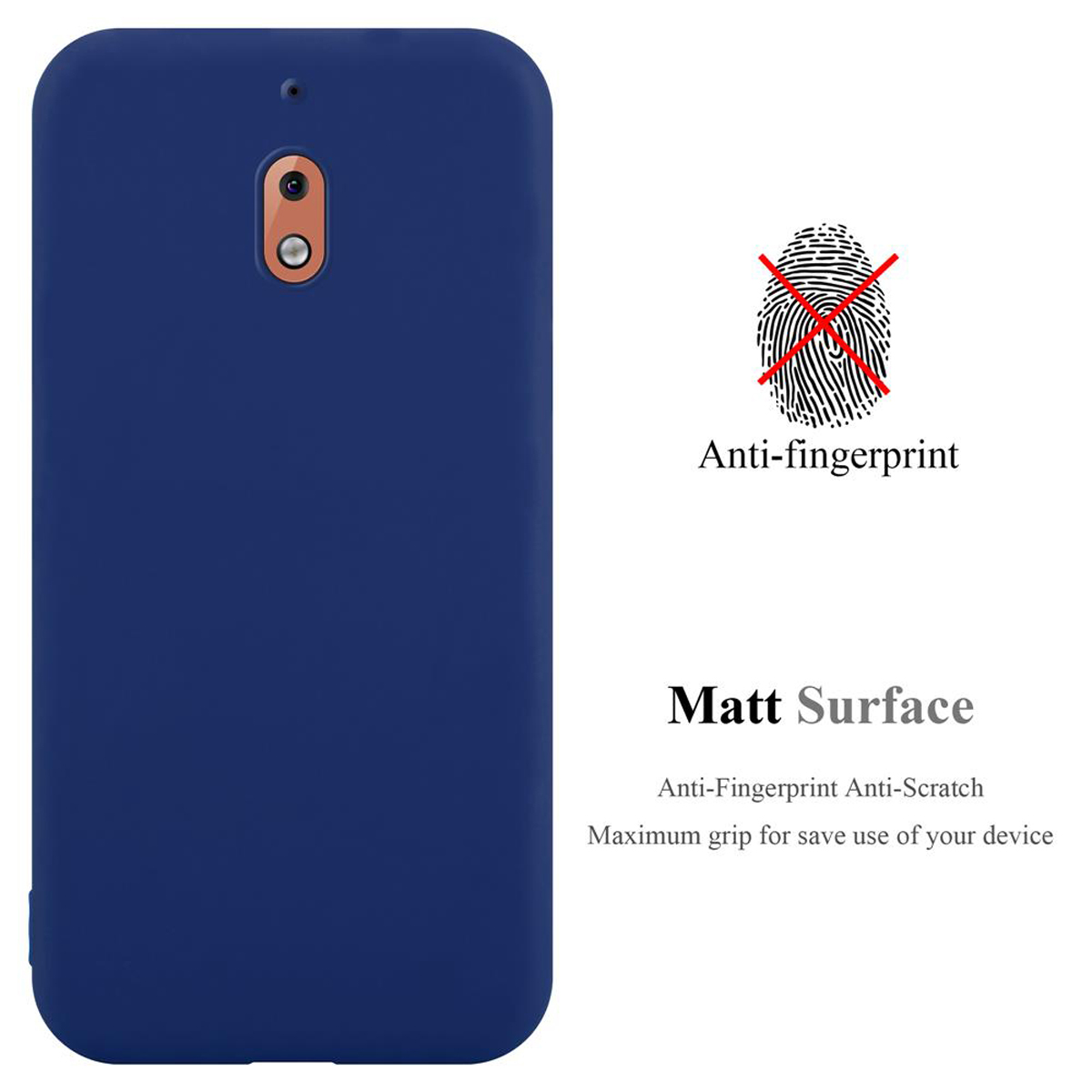 Una custodia per telefono blu con un telefono all'interno e un simbolo di impronta digitale con una croce.