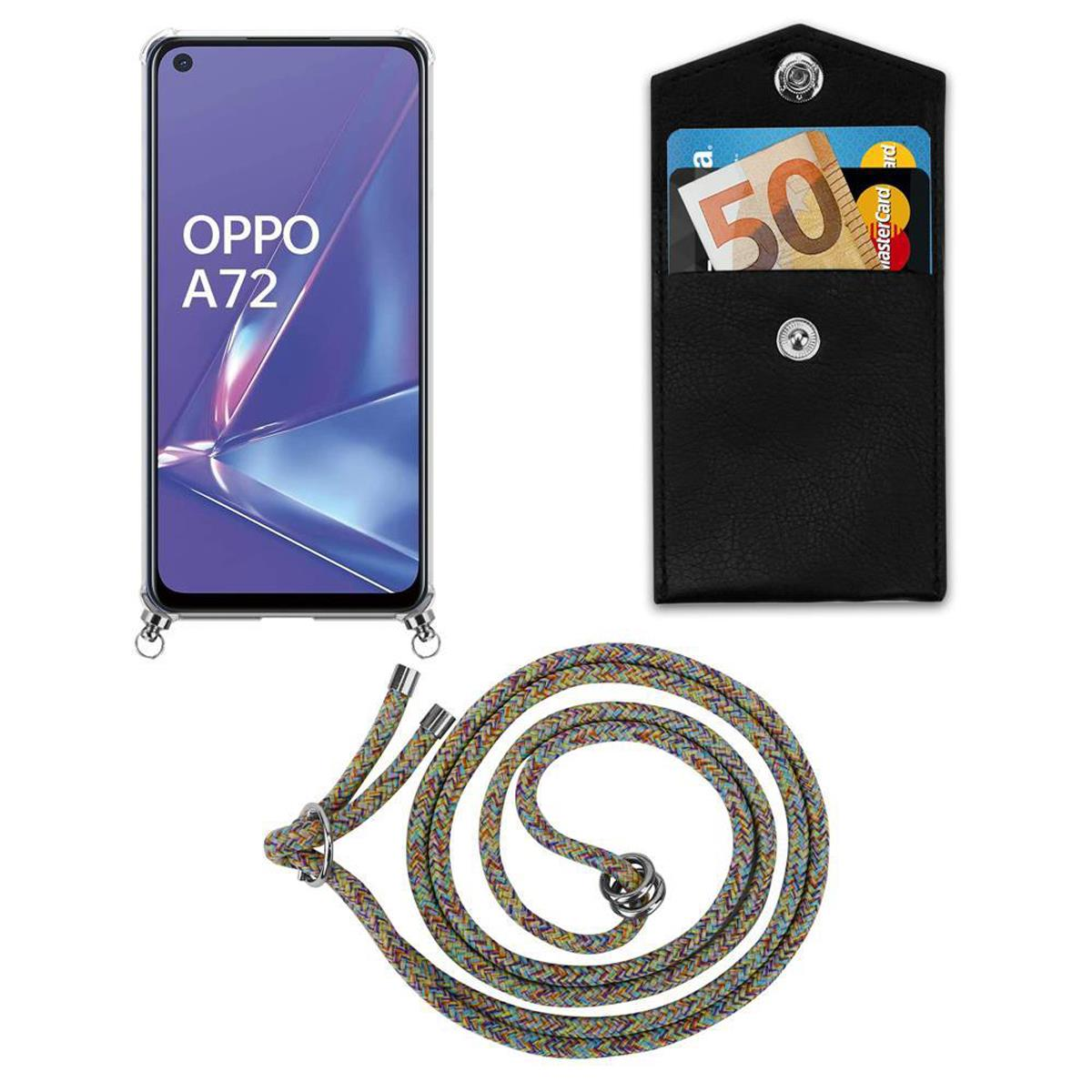 OPPO A72-Telefon, schwarze Hülle mit Lanyard und schwarzer Lederkartenhalter mit 50-Euro-Schein.