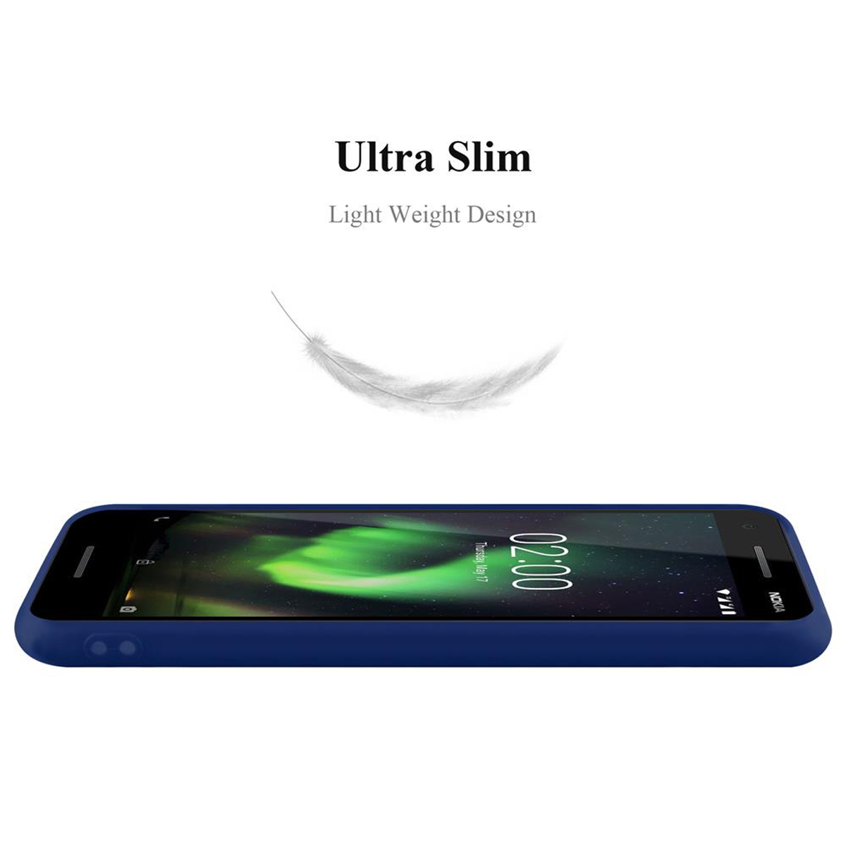 Un telefono piatto, con una grafica a forma di piuma. Il testo dice 'Ultra Slim, Light Weight Design'.