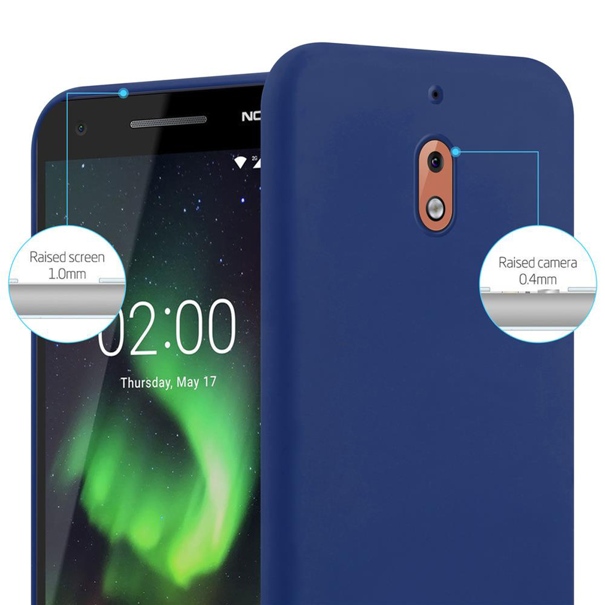 Una custodia per telefono blu scuro con lo schermo del telefono visibile. Vengono mostrati i dettagli della fotocamera.