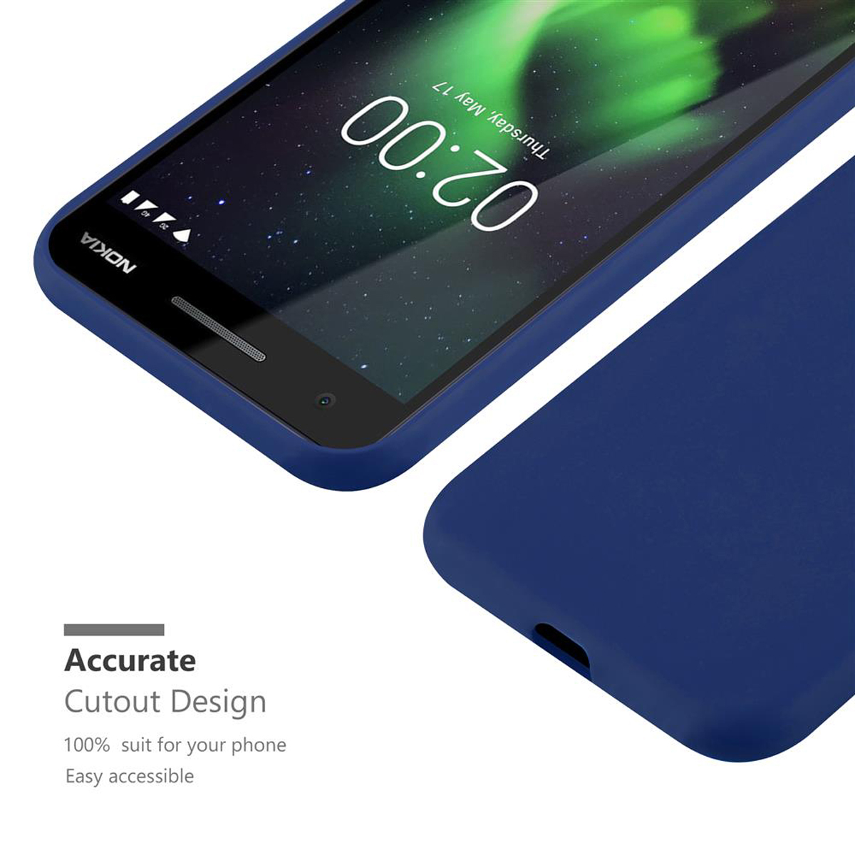 Custodia blu per telefono su sfondo bianco. Il telefono mostra l'ora e la data. Il telefono è un Nokia.