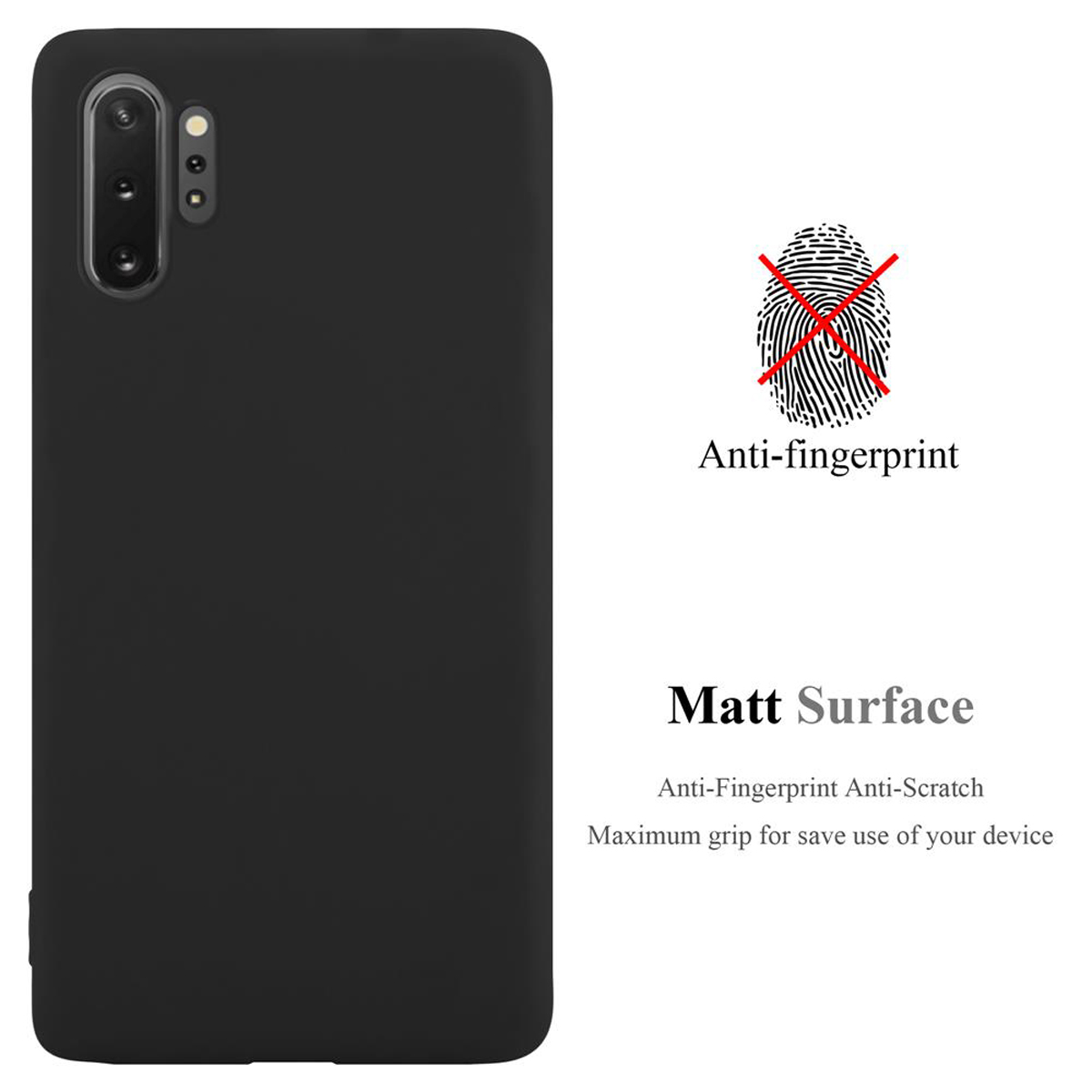 Una custodia per telefono nera. A destra, un simbolo di impronta digitale con una X rossa. Testo: Anti-impronte, Superficie opaca.