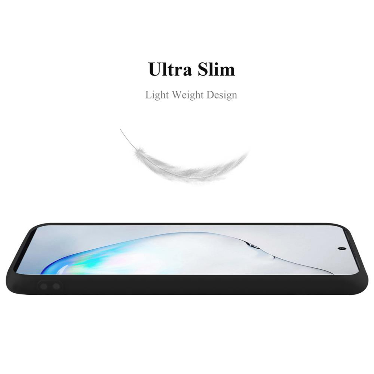 Custodia nera con una piuma. Il testo recita "Ultra Slim" e "Light Weight Design". Sfondo bianco.
