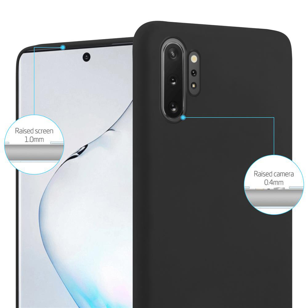 Custodia per telefono con protezione dello schermo e della fotocamera rialzata, diagrammi che indicano le misure.
