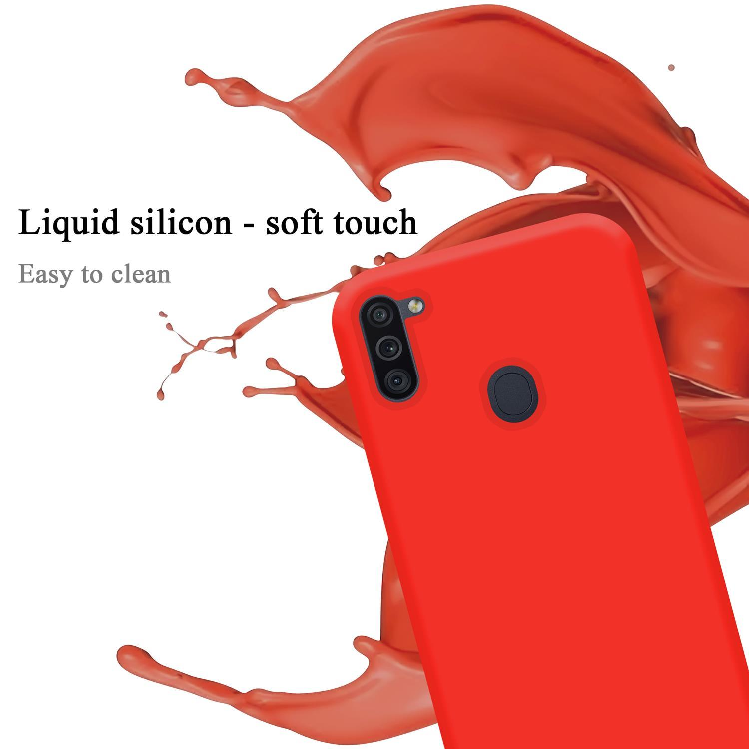 Una custodia rossa per telefono con schizzi di liquido. Il testo dice "Silicone liquido - tocco morbido" e "Facile da pulire".