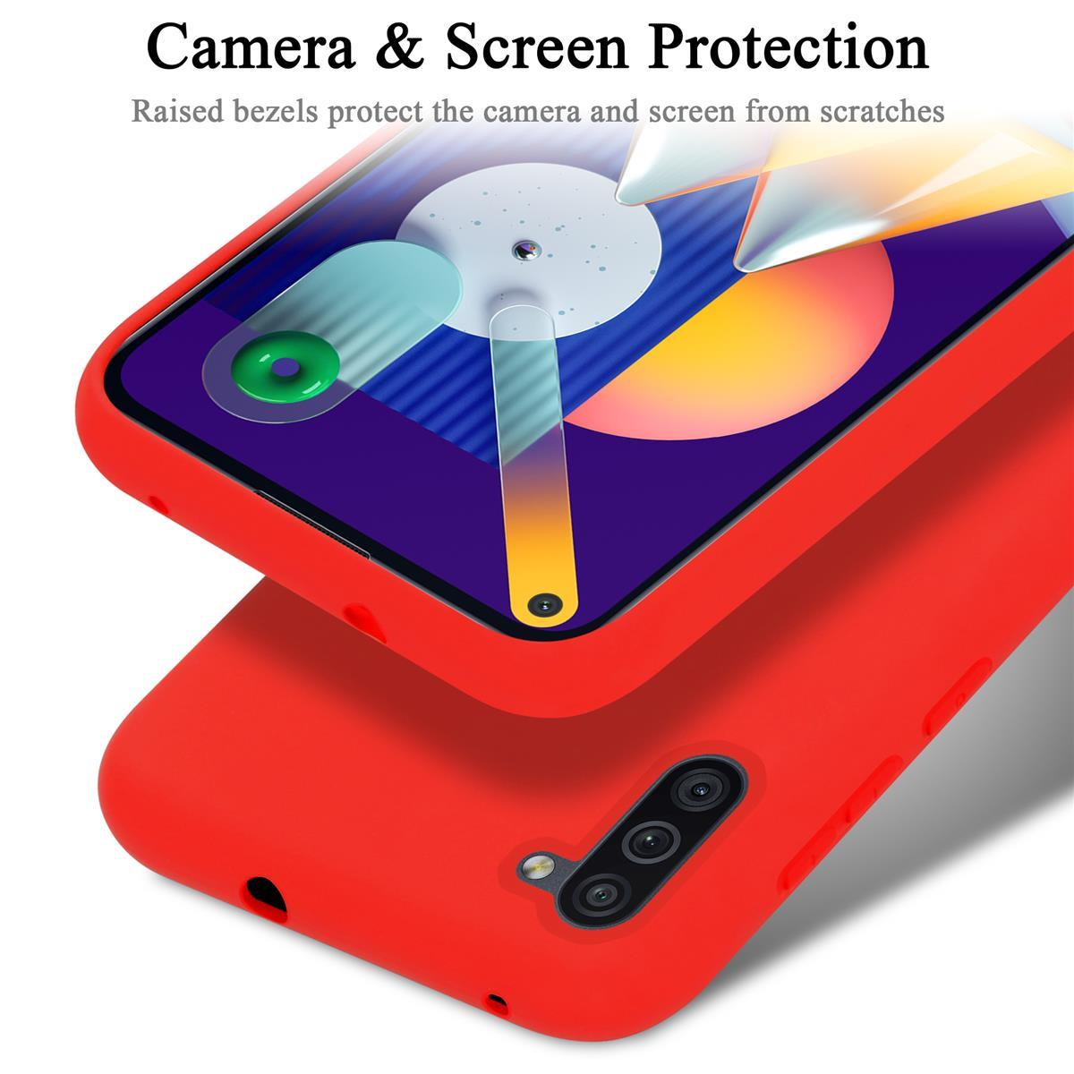 Una custodia rossa per telefono con un telefono all'interno, che mostra la sua fotocamera e lo schermo.
