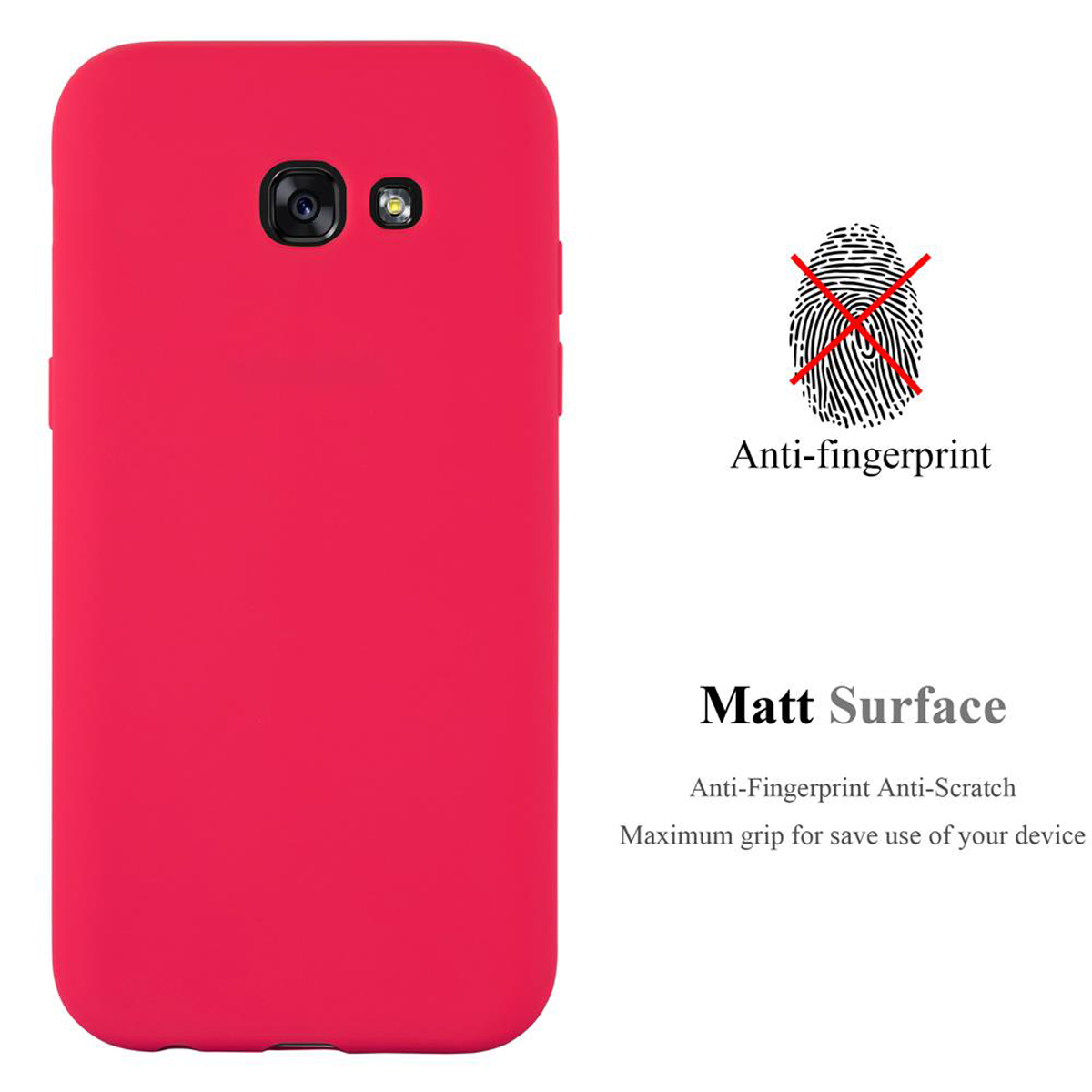 Custodia per telefono rossa con funzione anti-impronta. Testo: Superficie opaca.