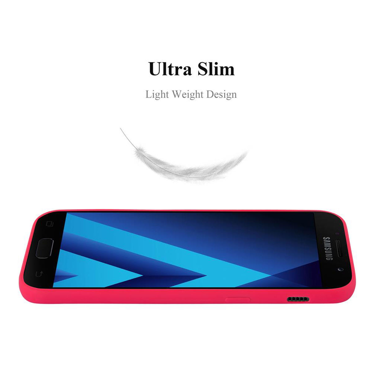Telefono in custodia rosa. Testo 'Ultra Slim', 'Design leggero'. Sfondo bianco con piuma.