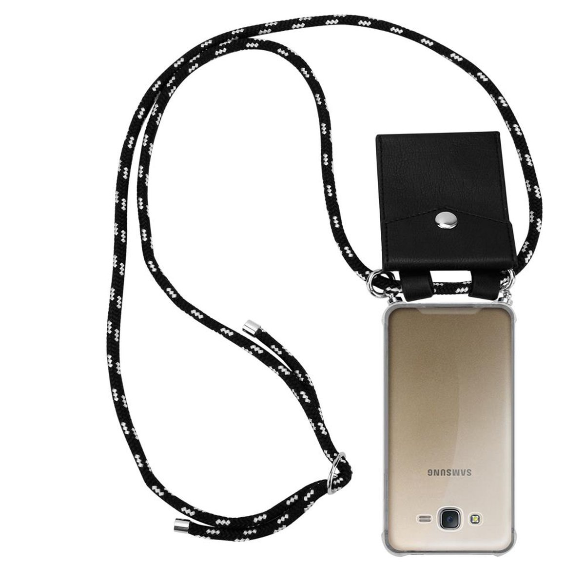 CADORABO Handy abnehmbarer mit SILBER und Ringen, Hülle, Kette Galaxy SCHWARZ Samsung, J7 Silber Backcover, Kordel Band 2015