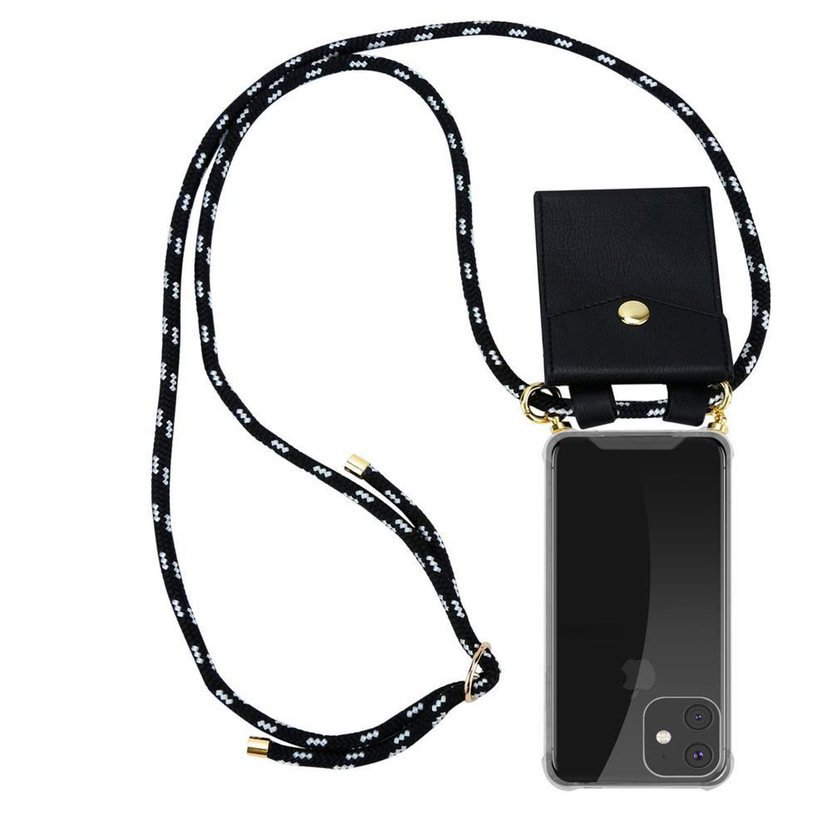 Un telefono con un cordino bianco e nero e una custodia in pelle nera.