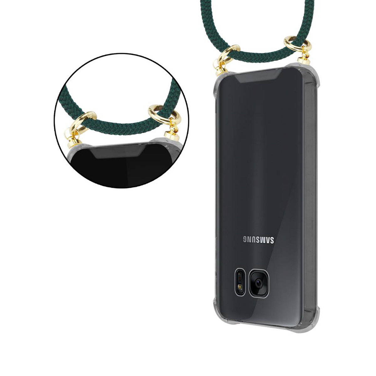 Un telefono con un cinturino verde. Il telefono è in una custodia trasparente.
