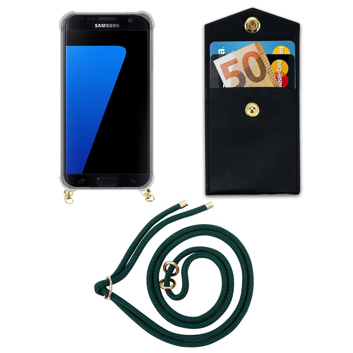 Un telefono, un portafoglio e un cordino. Il telefono è in una custodia trasparente. Il portafoglio ha contanti.