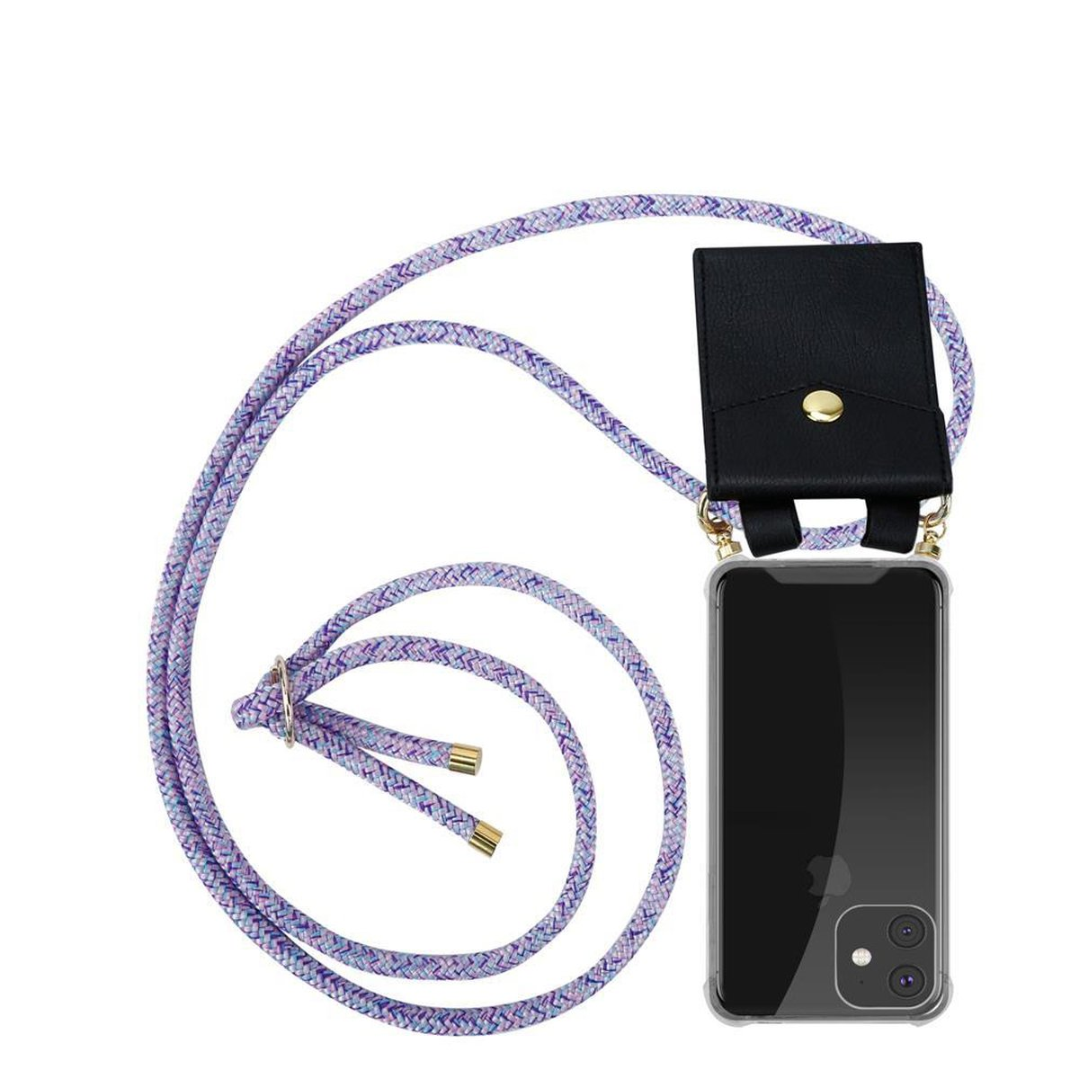 Telefono con custodia e cinturino. Custodia nera con cinturino in corda viola.