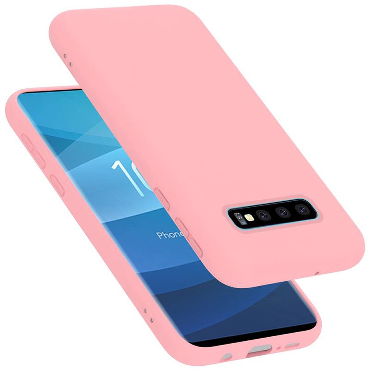 Zwei rosa Handyhüllen. Eine Hülle steht, die andere liegt. Telefonlogo sichtbar.