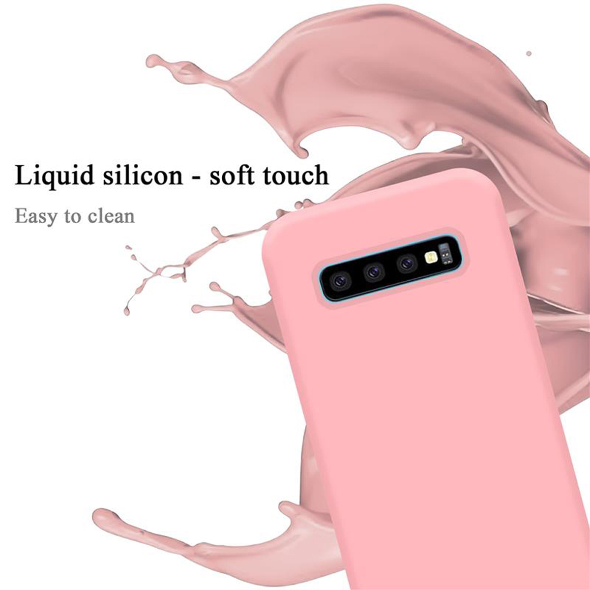 Eine rosa Handyhülle mit einem Telefon darin. Der Hintergrund zeigt einen rosa Farbspritzer.