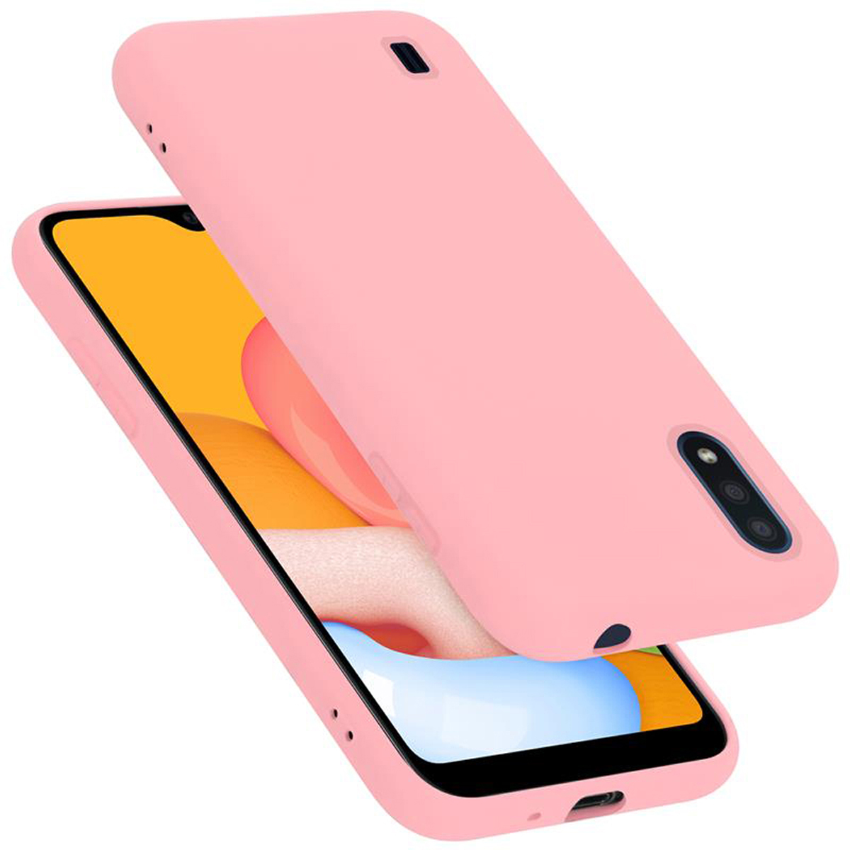 Due custodie rosa per telefono; una con ritagli per la fotocamera, l'altra senza. Sfondo sfumato giallo-bianco.