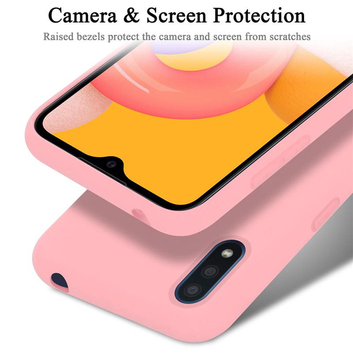 Custodia rosa sopra, schermo e fotocamera visibili. Testo: Protezione fotocamera e schermo.