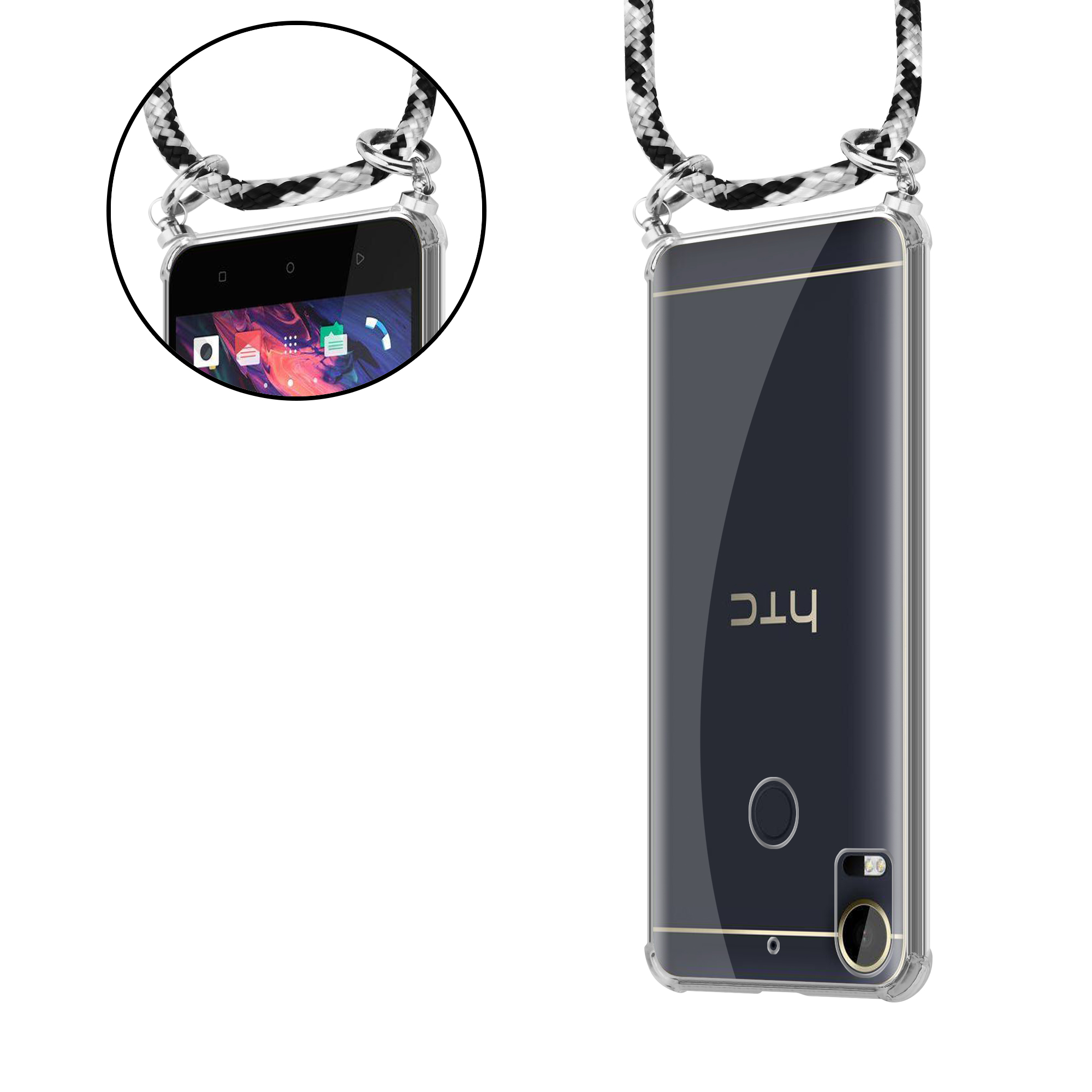 Eine transparente Handyhülle mit einem schwarz-weißen Seilriemen. Das Telefon ist ein HTC mit goldenem Umriss.