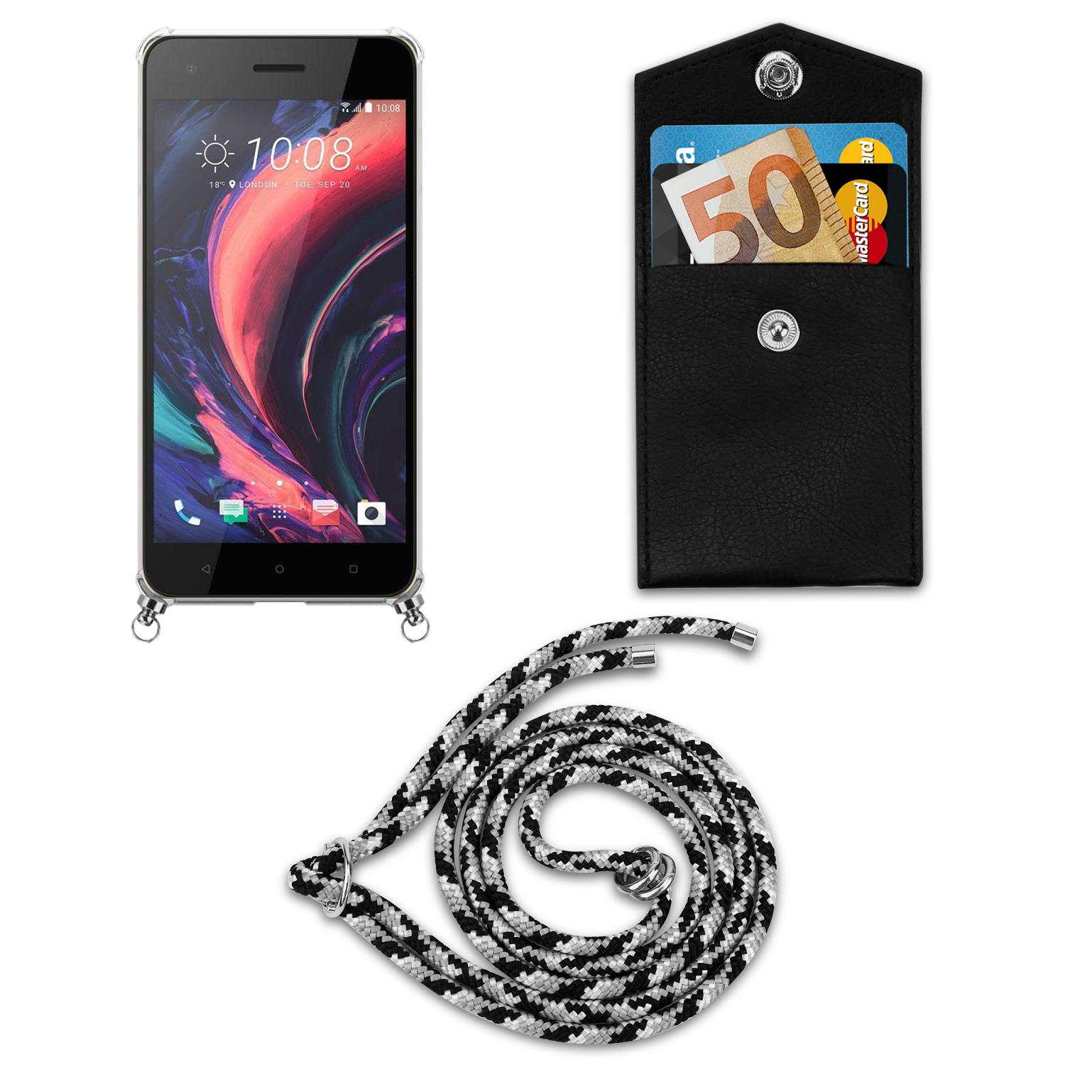 Ein Telefon, ein schwarzes Etui mit Karten und eine schwarz/weiße Kordel. Alles auf weißem Grund.