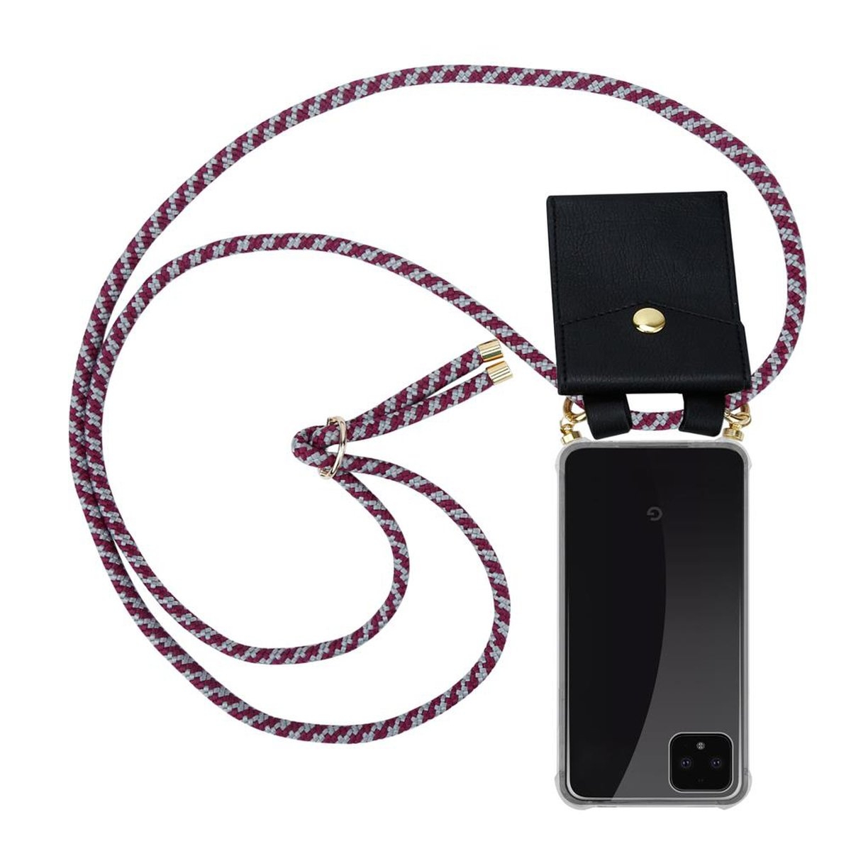 Ein Telefonetui mit einer schwarzen Lederbrieftasche und einem lila und weißen Seil. Auf weißem Hintergrund.