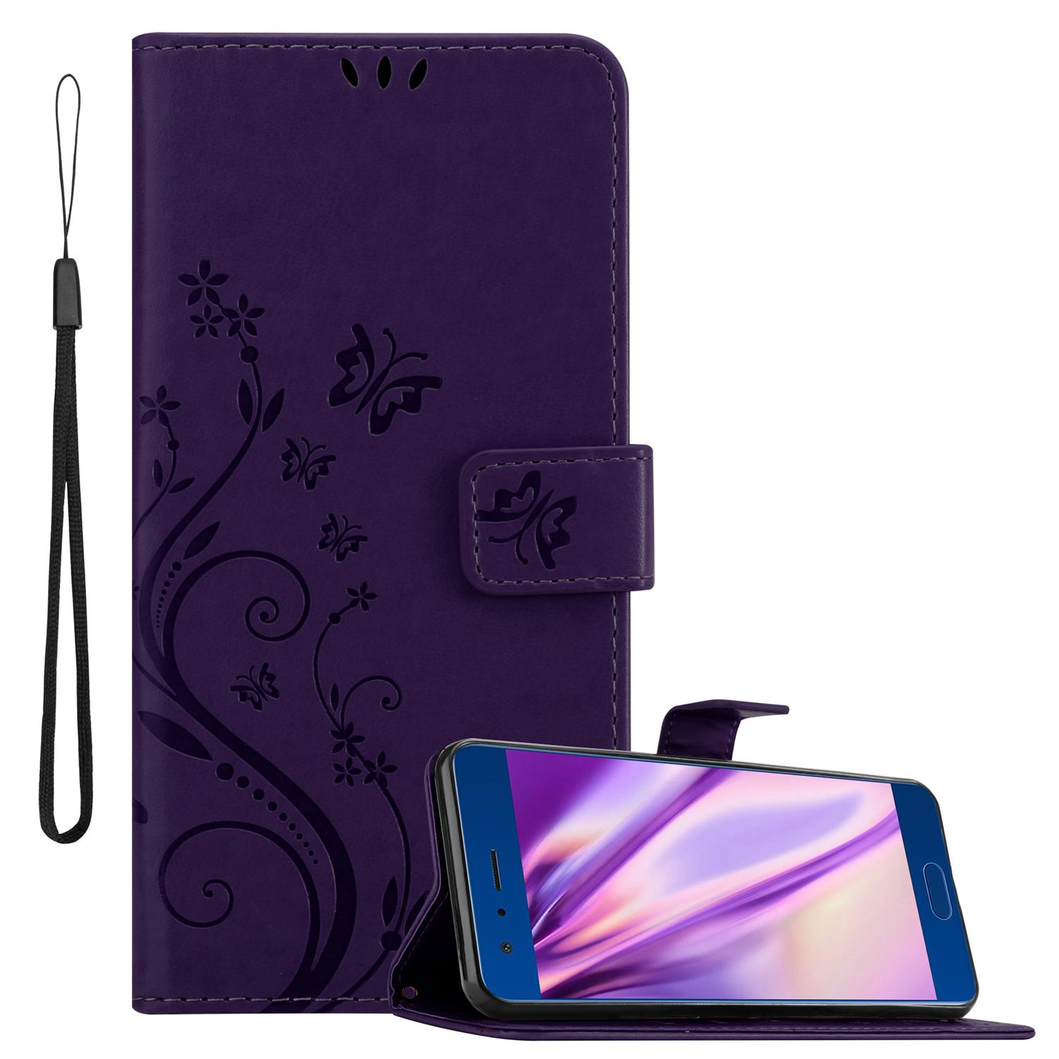 Custodia viola per telefono con design floreale, telefono all'interno. Cinturino nero attaccato.