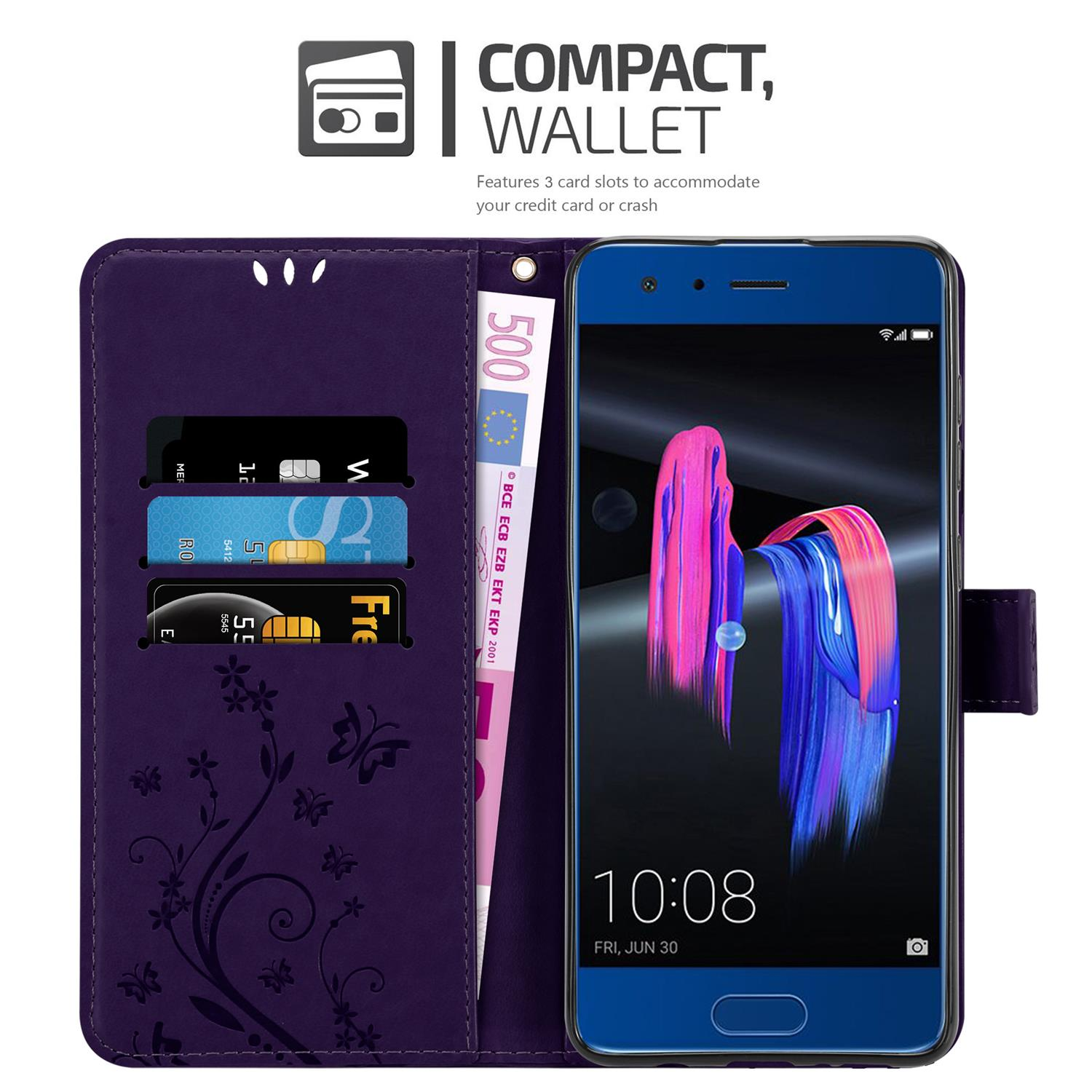 Una custodia per telefono e un telefono che mostra una carta di credito e contanti, con un design floreale sulla copertina.