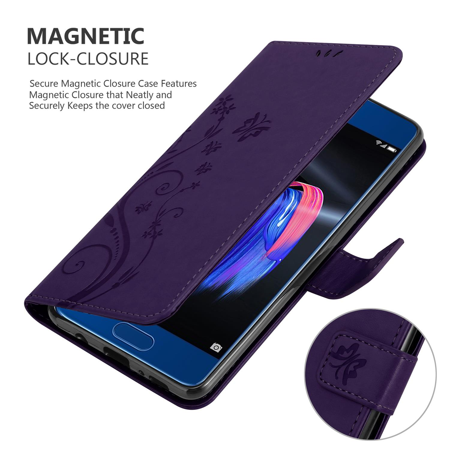 Custodia per telefono viola con design floreale, aperta per rivelare un telefono. Chiusura magnetica e dettagli visibili.