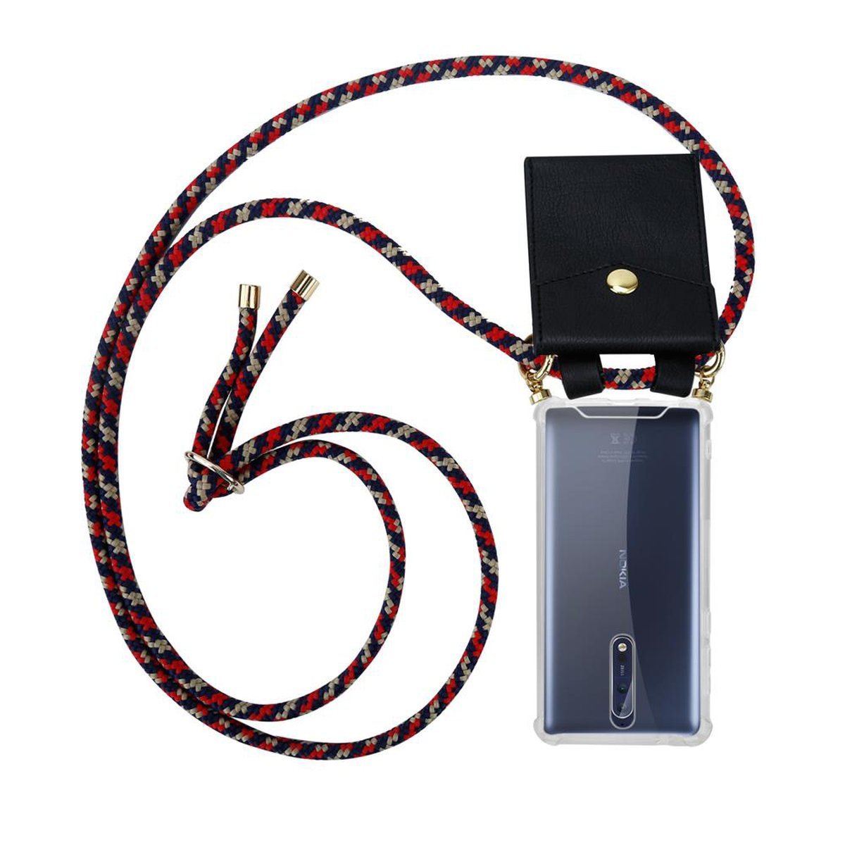 Rotes Telefon mit Lanyard. Schwarzes Gehäuse. Marineblaues, rotes, weißes Seil. Weißer Hintergrund.