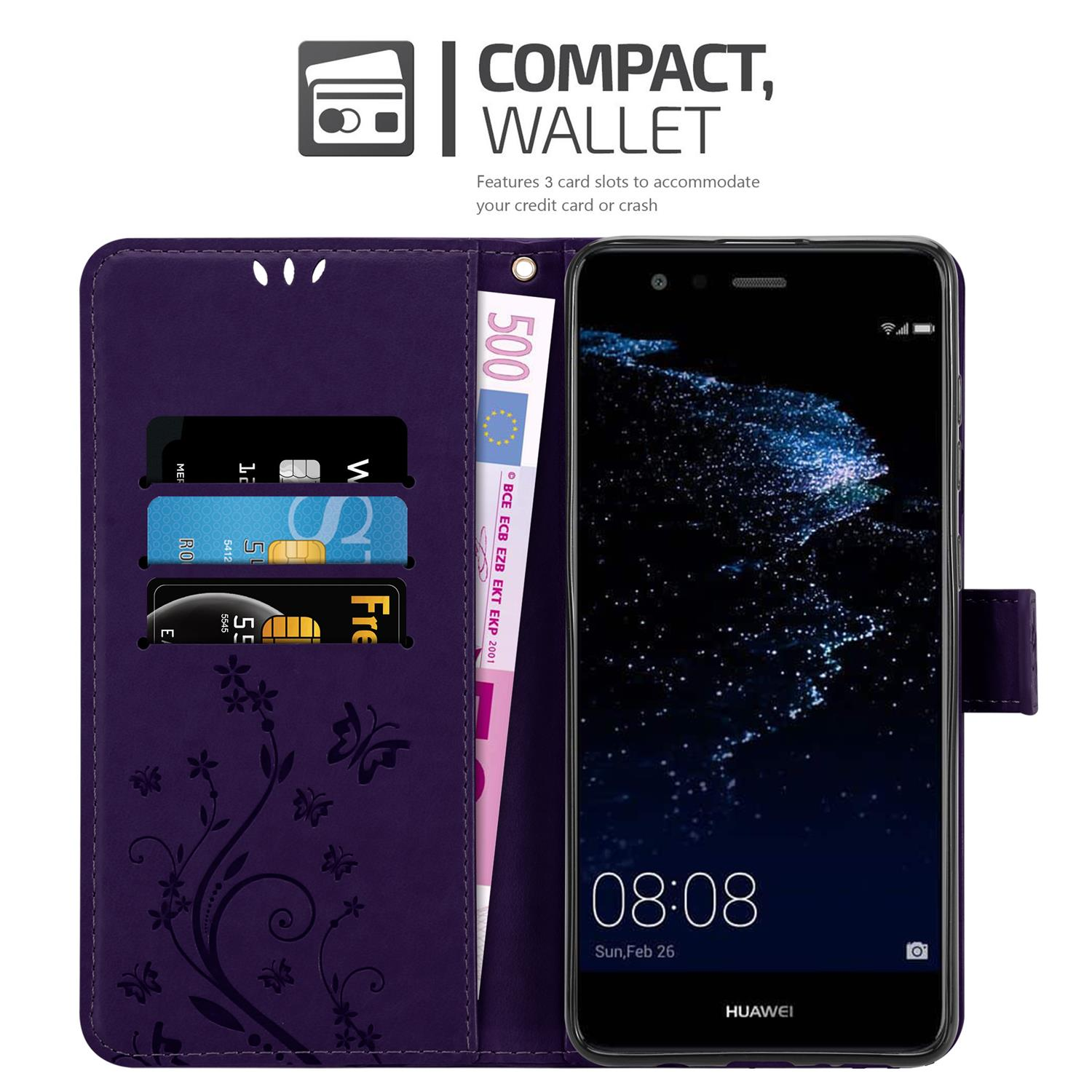 Telefono con custodia a portafoglio viola, con carte, denaro e fiori. Testo: 'COMPACT, WALLET'.