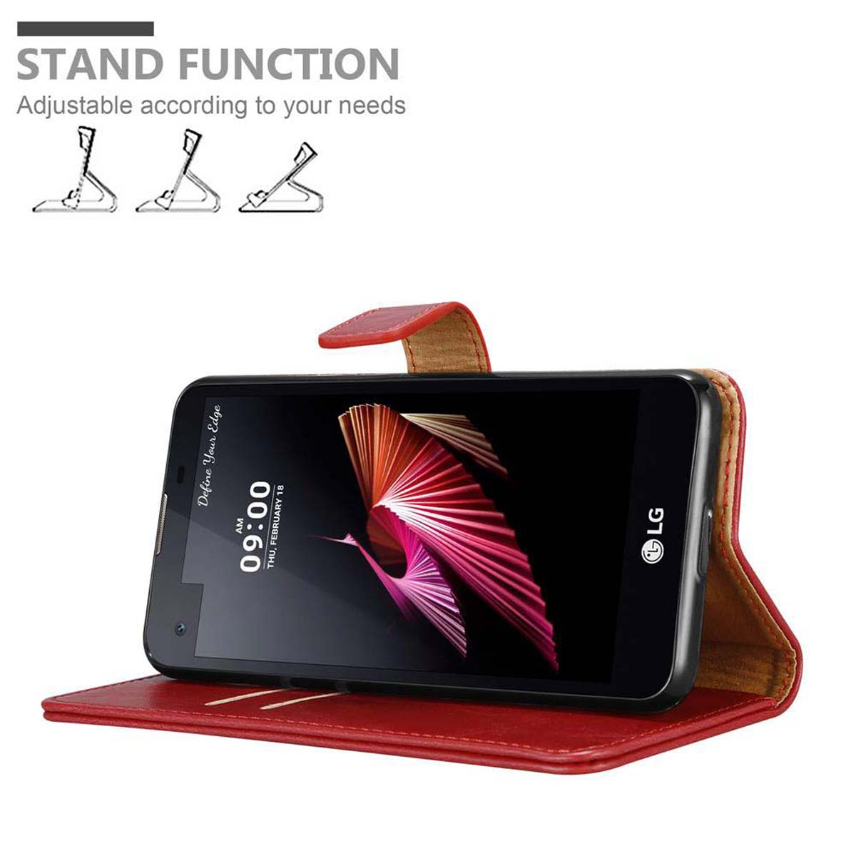 Eine rote Handyhülle mit einem Telefon darin. Der Telefonbildschirm zeigt eine rosa und rote Grafik.