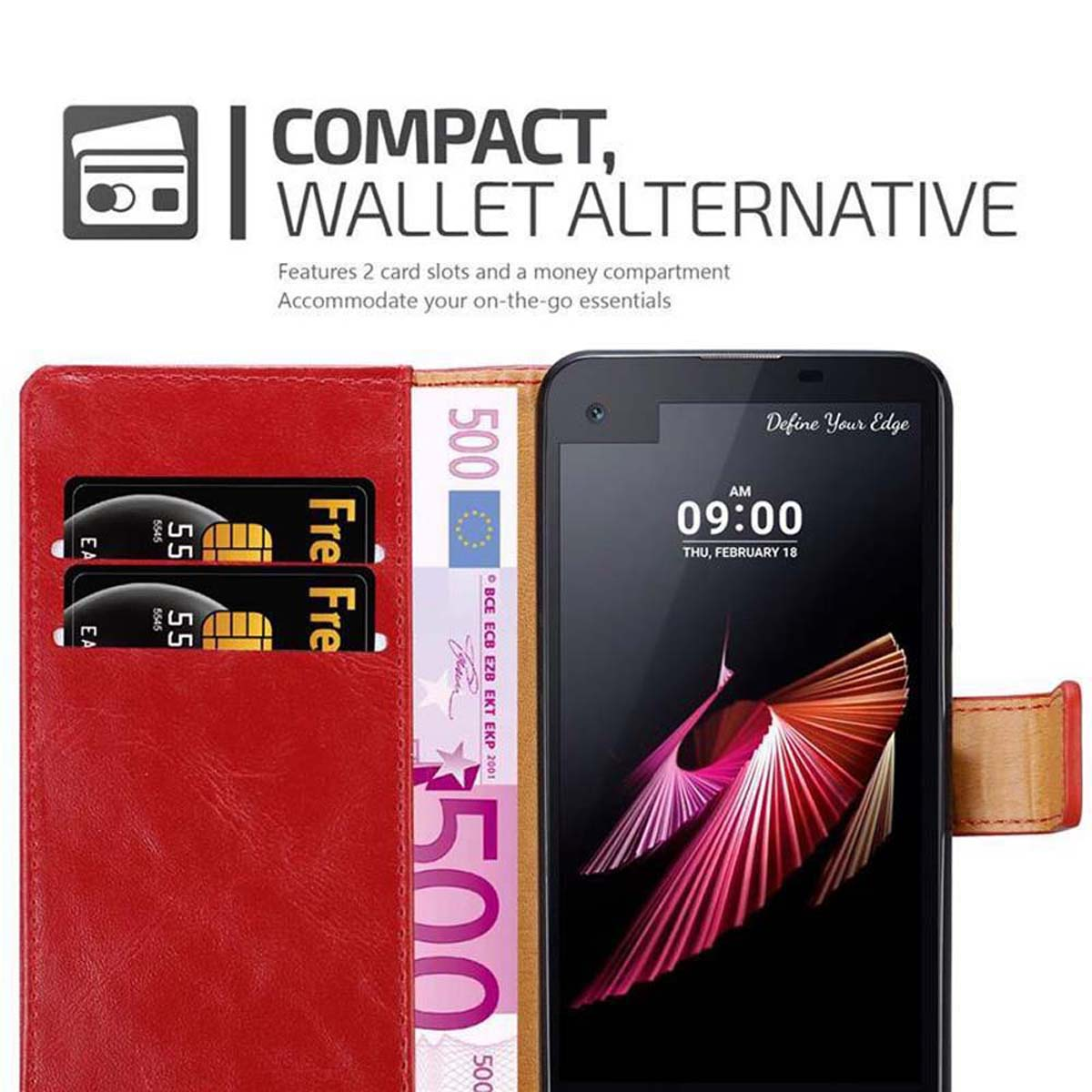 Eine rote Brieftaschen-Handyhülle mit Kartenfächern, Geld und einem Telefon, das einen Bildschirm anzeigt.