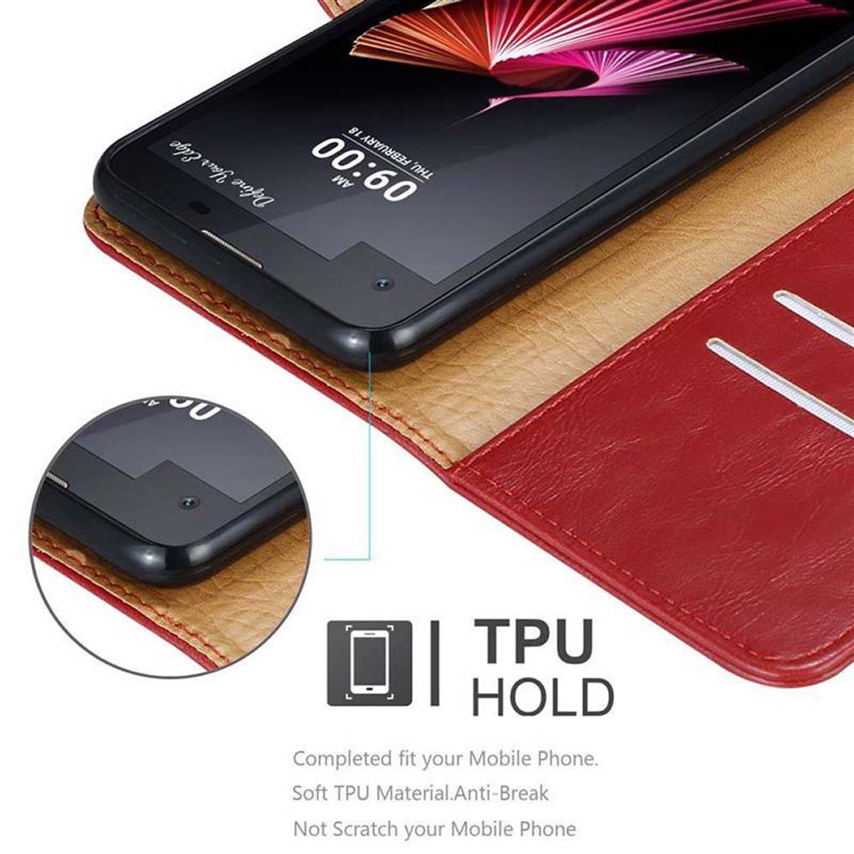 Ein Telefon in einer roten Hülle. Der Bildschirm zeigt die Uhrzeit und eine Grafik der Telefondetails. Text: 'TPU HOLD'.