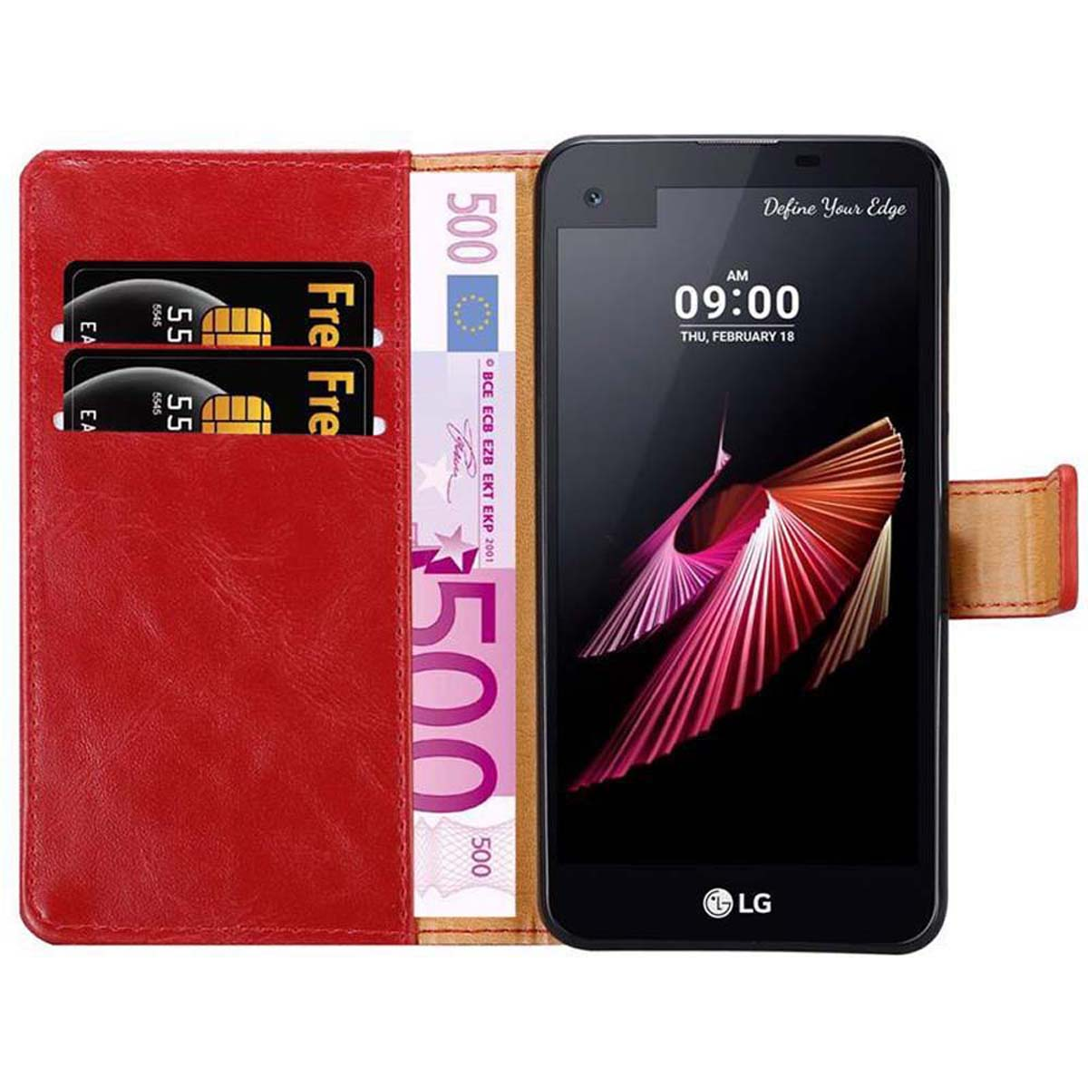 Eine rote Handyhülle mit Kartenhalter, der Karten und Geld enthält. Ein Telefon ist sichtbar.