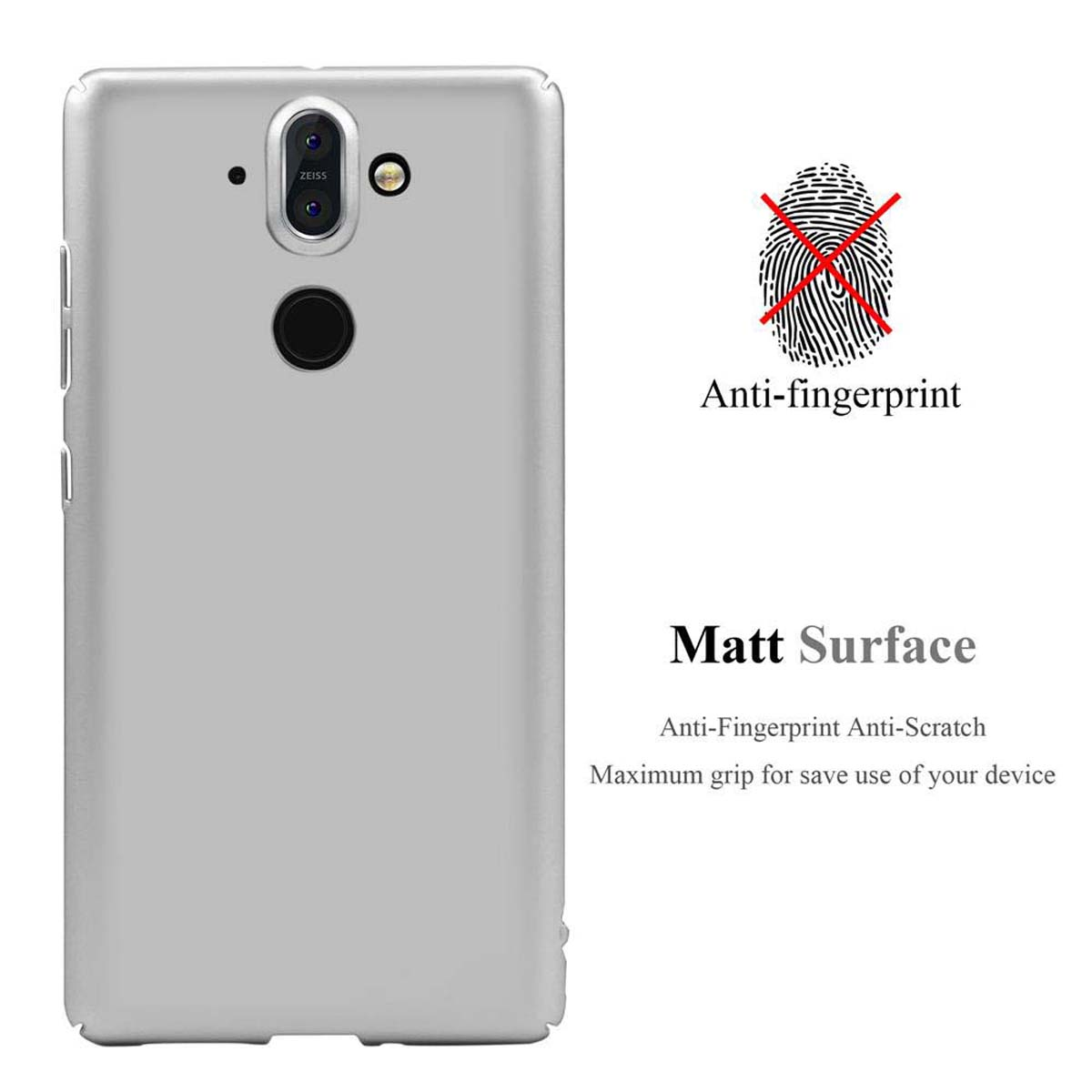Silberne Handyhülle mit Text: Anti-Fingerabdruck, Matt Oberfläche. Text: Maximaler Halt.