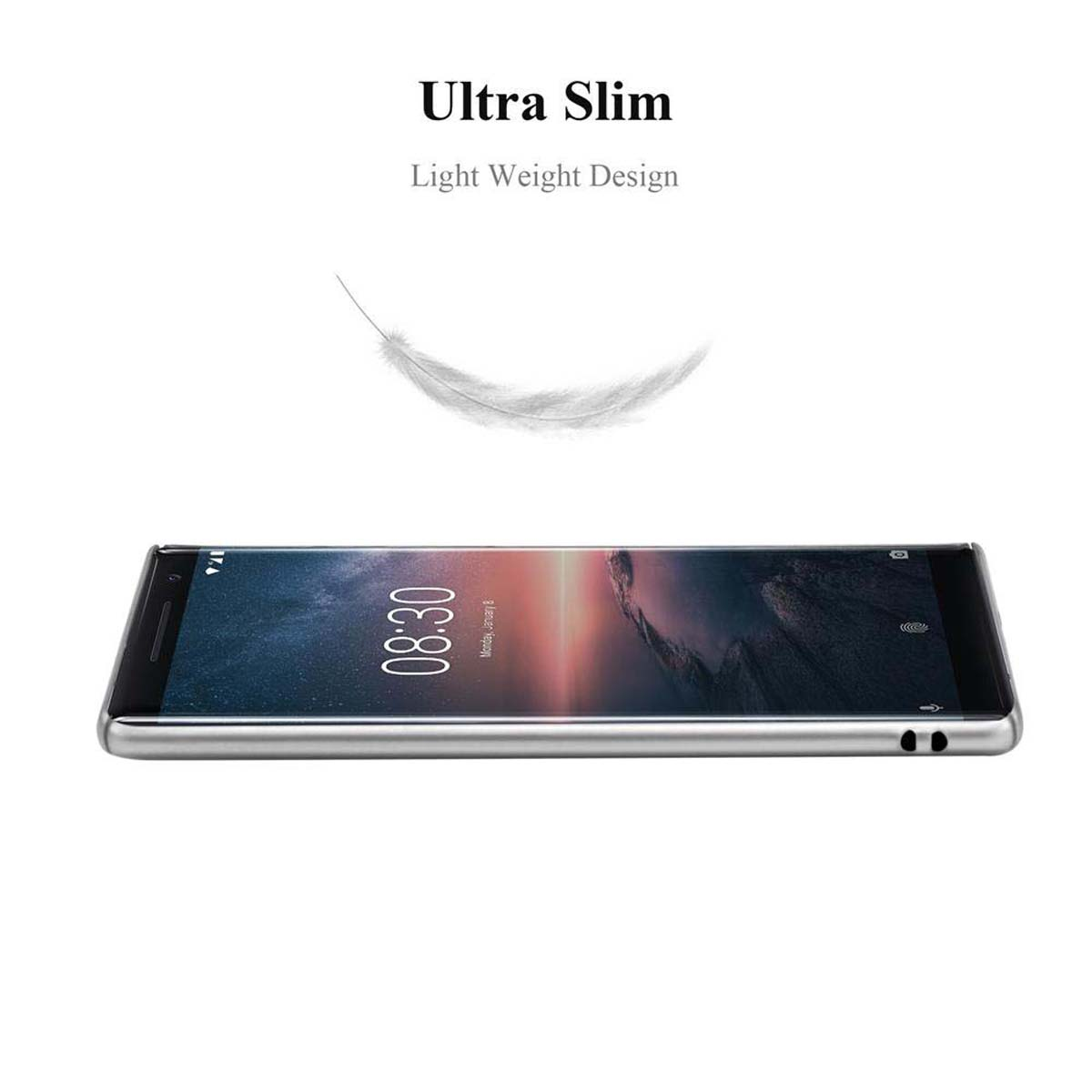 Ein silbernes Telefon liegt auf einer weißen Oberfläche. Eine Feder schwebt darüber. Text: 'Ultra Slim' und 'Light Weight Design'.