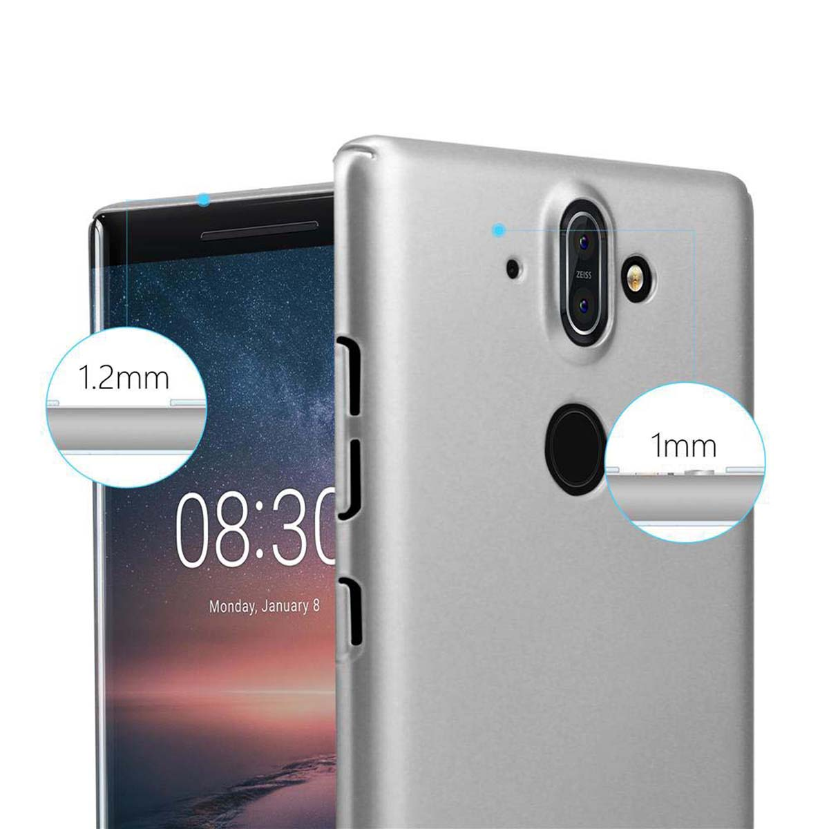 Telefon in silberner Hülle. Die Hülle zeigt die Dicke. Ein Kreis hebt den Rand hervor.