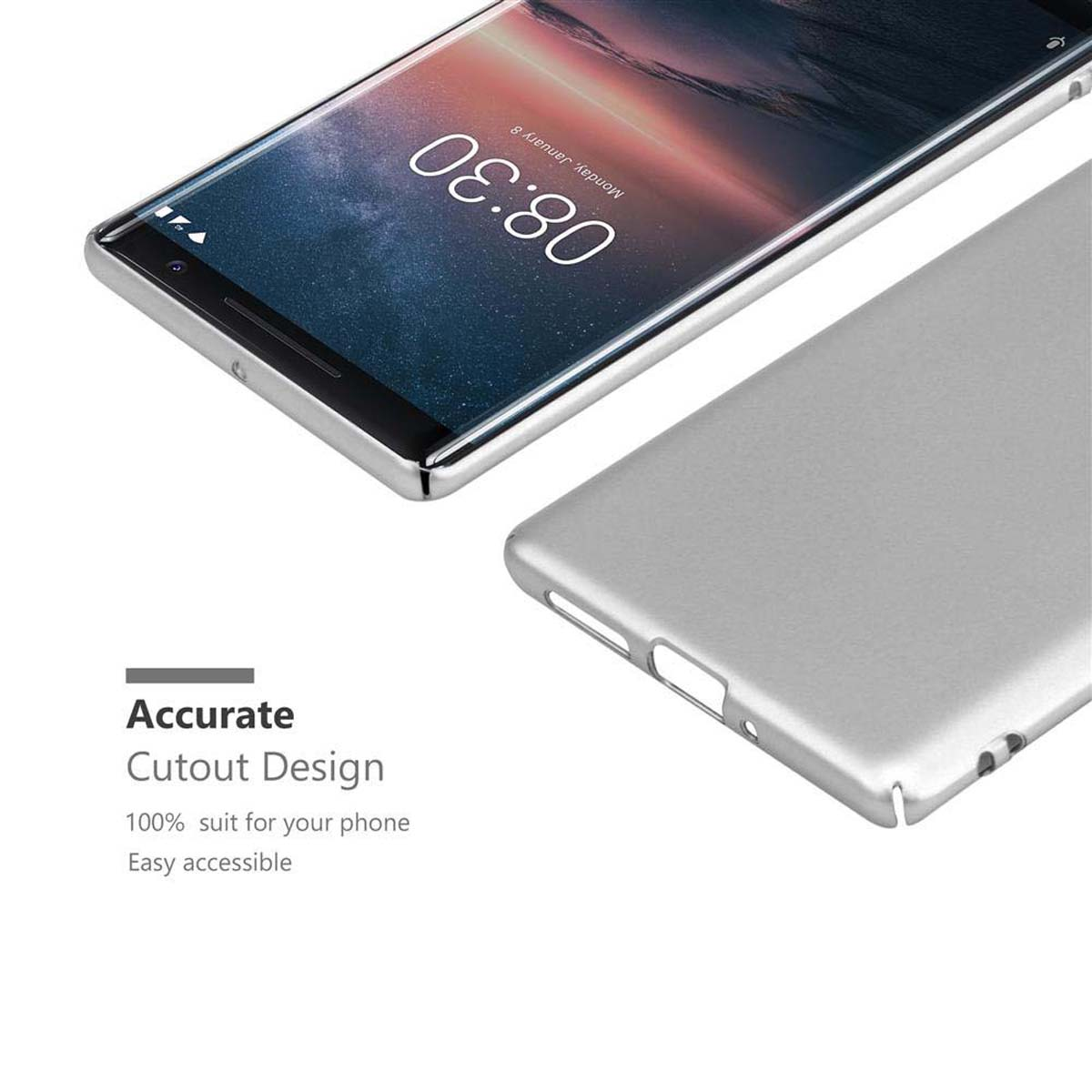 Ein Telefon und eine silberne Hülle auf weißem Grund. Text unten: Accurate Cutout Design.